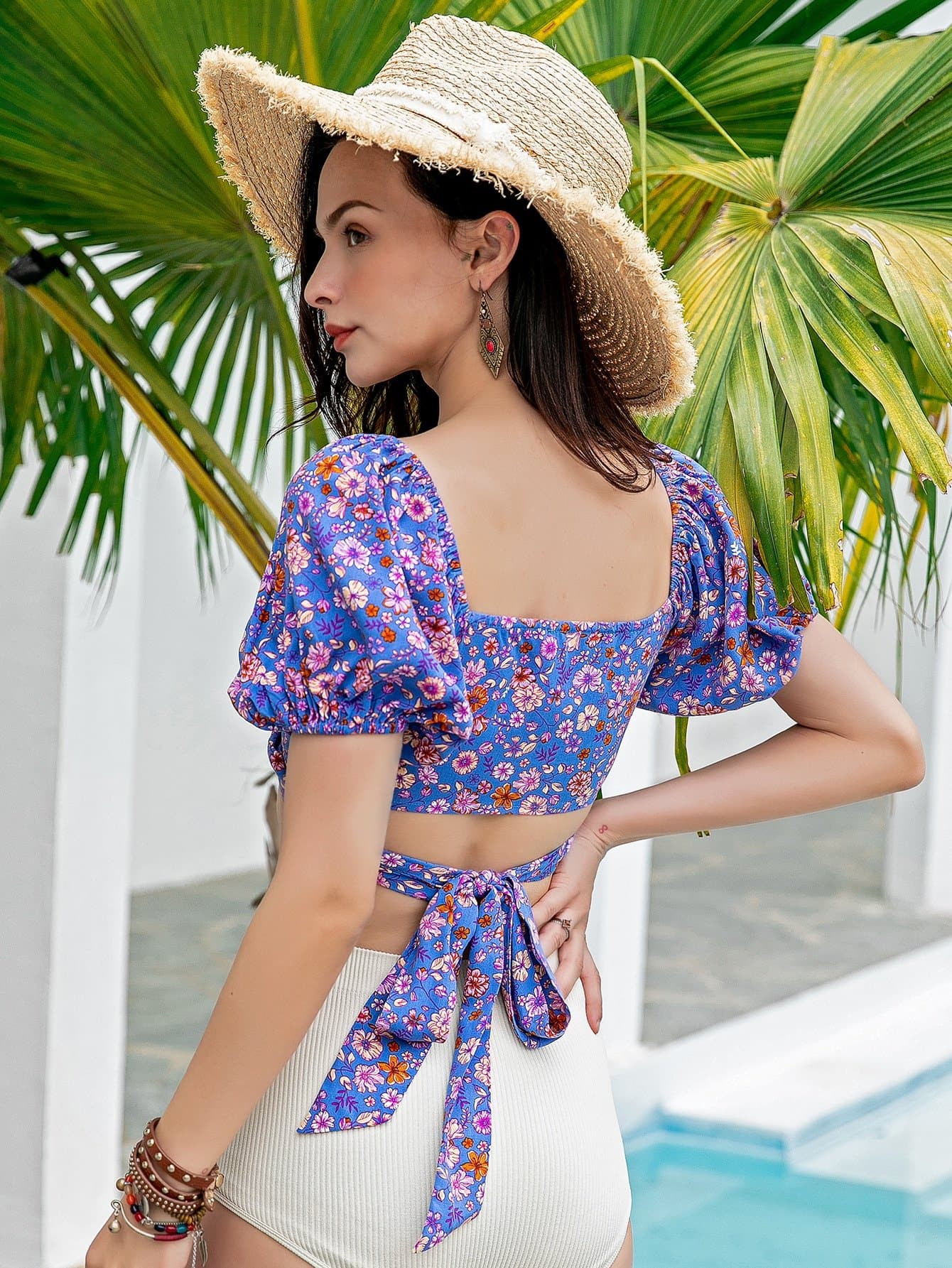 V-Neck Ditsy Floral Tie Back Top