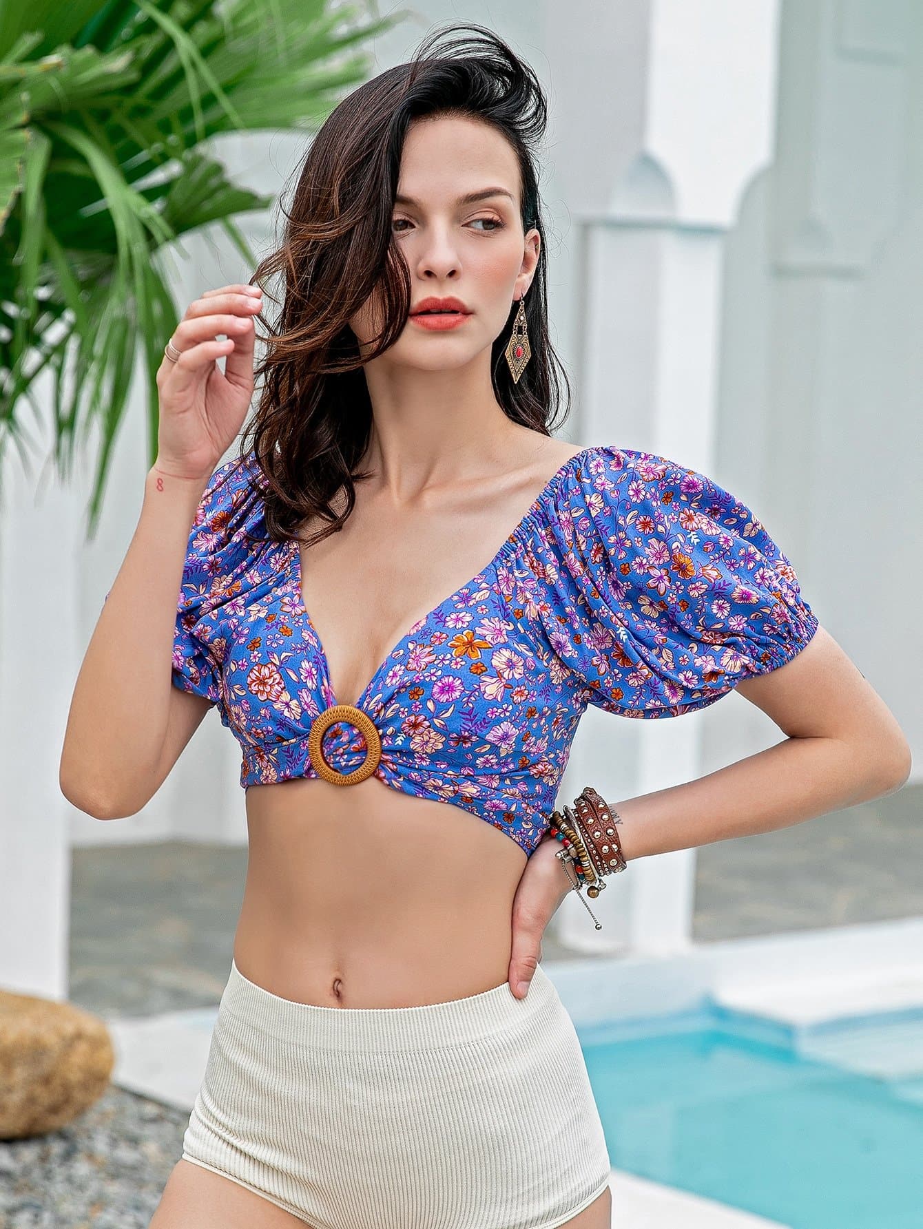 V-Neck Ditsy Floral Tie Back Top