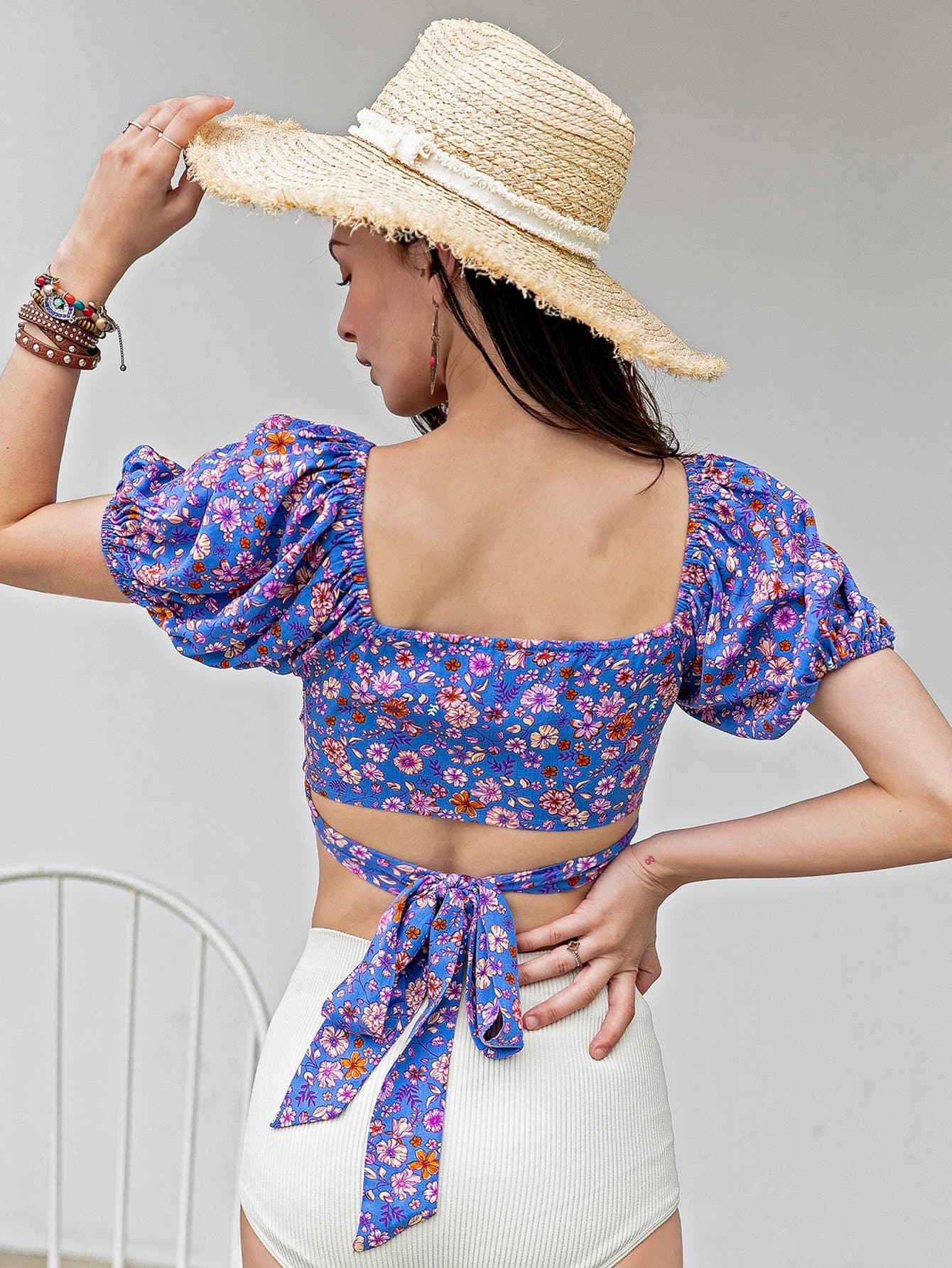 V-Neck Ditsy Floral Tie Back Top