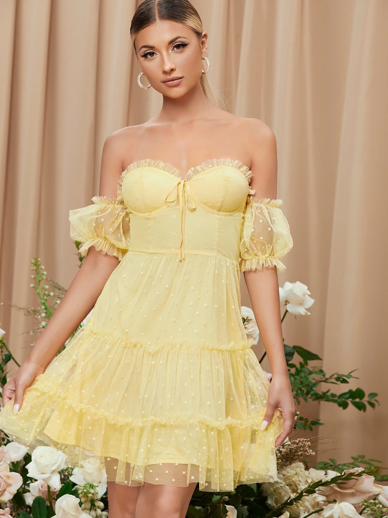 Yellow Off Shoulder Knot Front Frill Trim Swiss Dot Mesh Short Dress