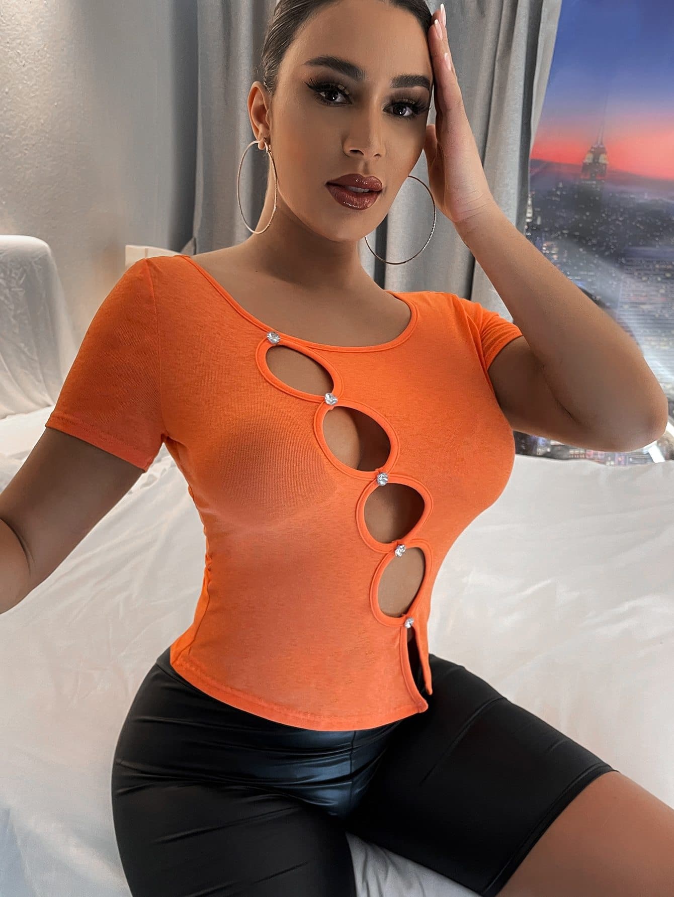 Orange Round Neck Cut Out Fitted Tee Top