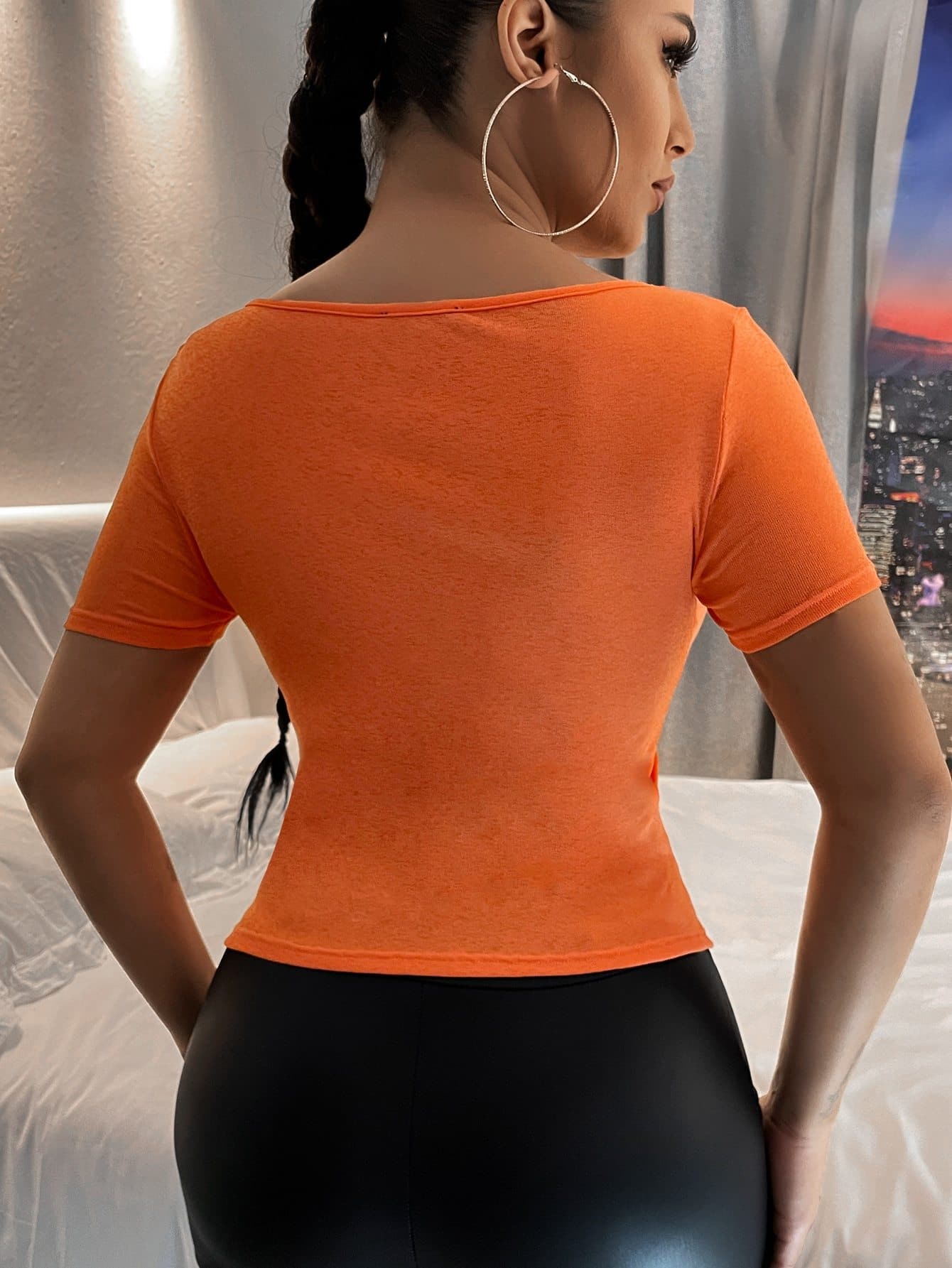Orange Round Neck Cut Out Fitted Tee Top