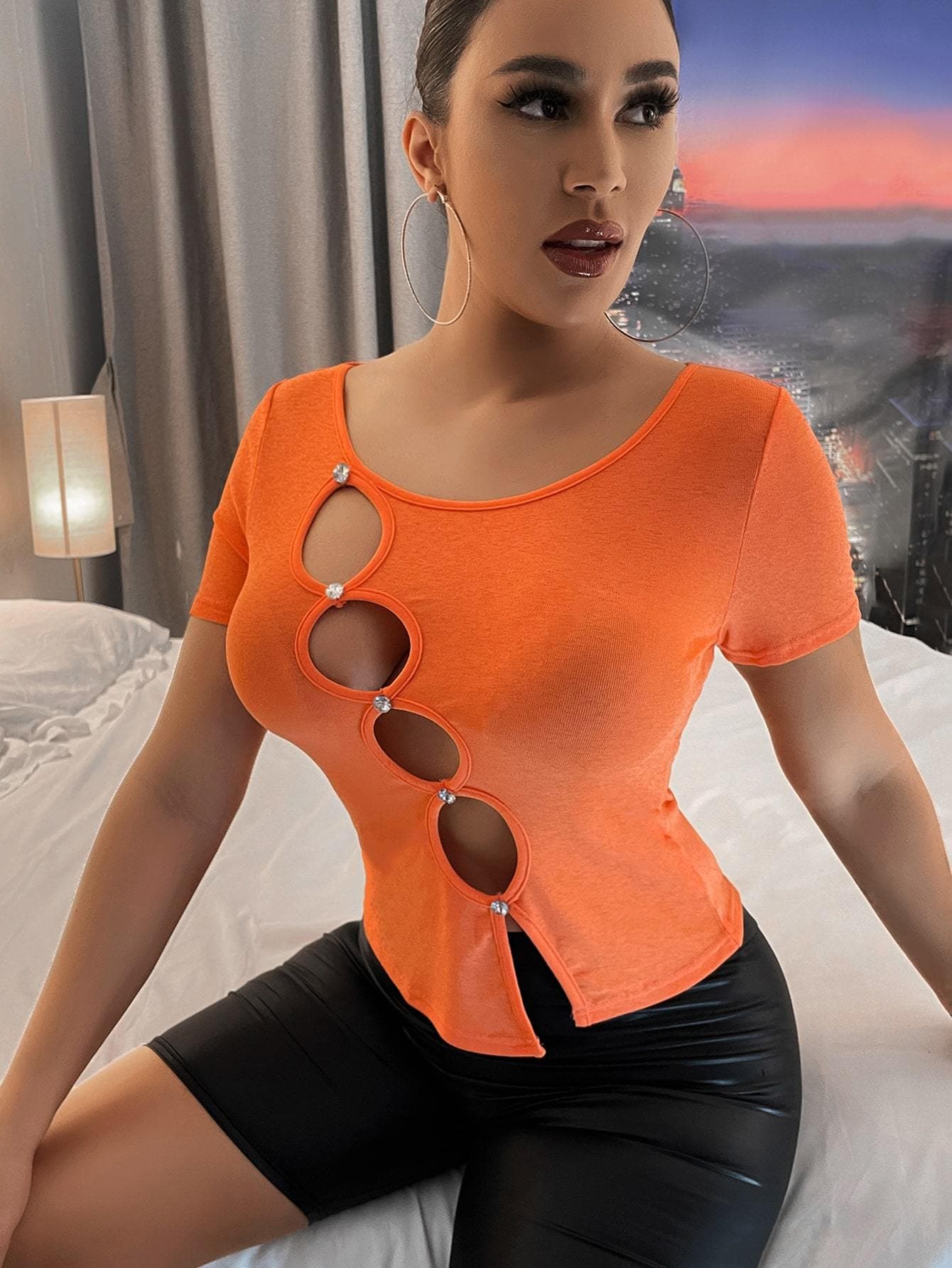 Orange Round Neck Cut Out Fitted Tee Top