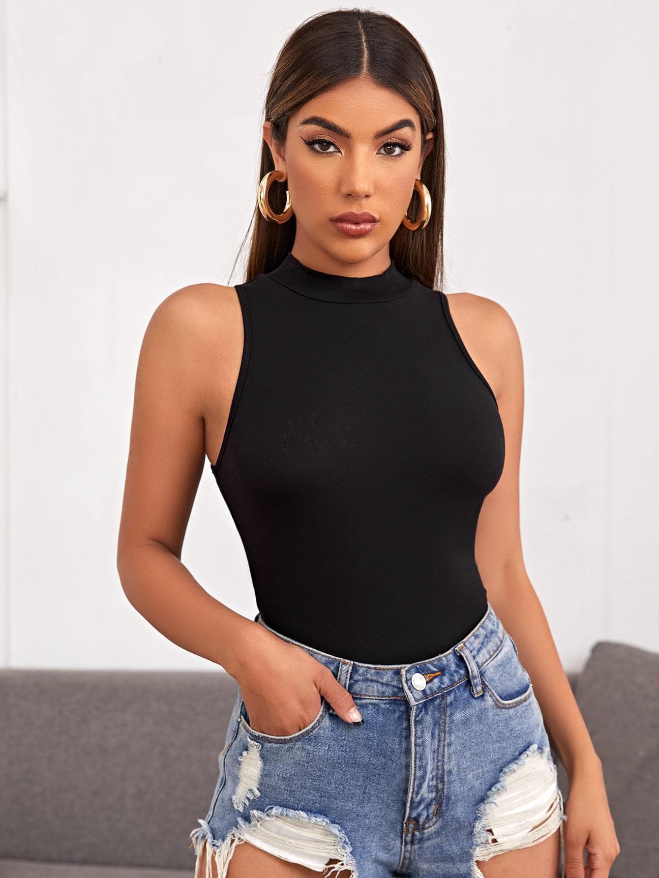 Black Mock-Neck Solid Sim Fit Tank Top