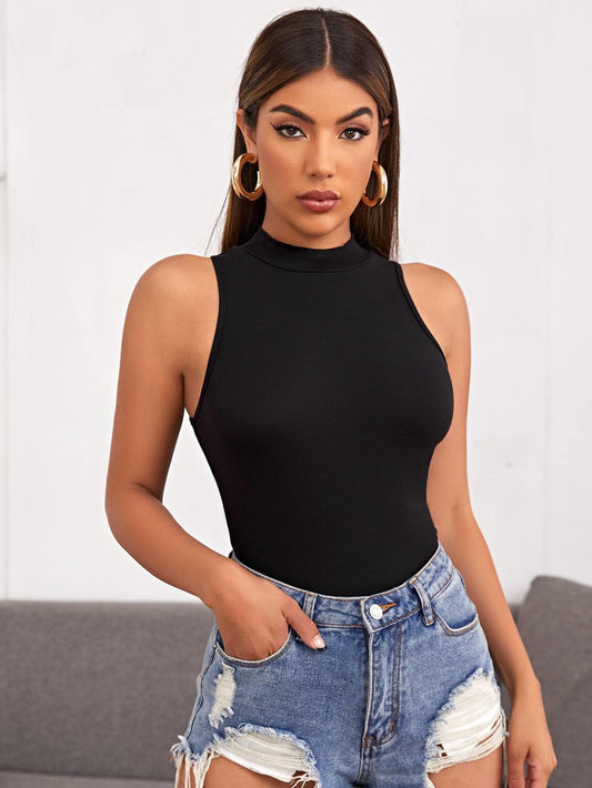 Black Mock-Neck Solid Sim Fit Tank Top