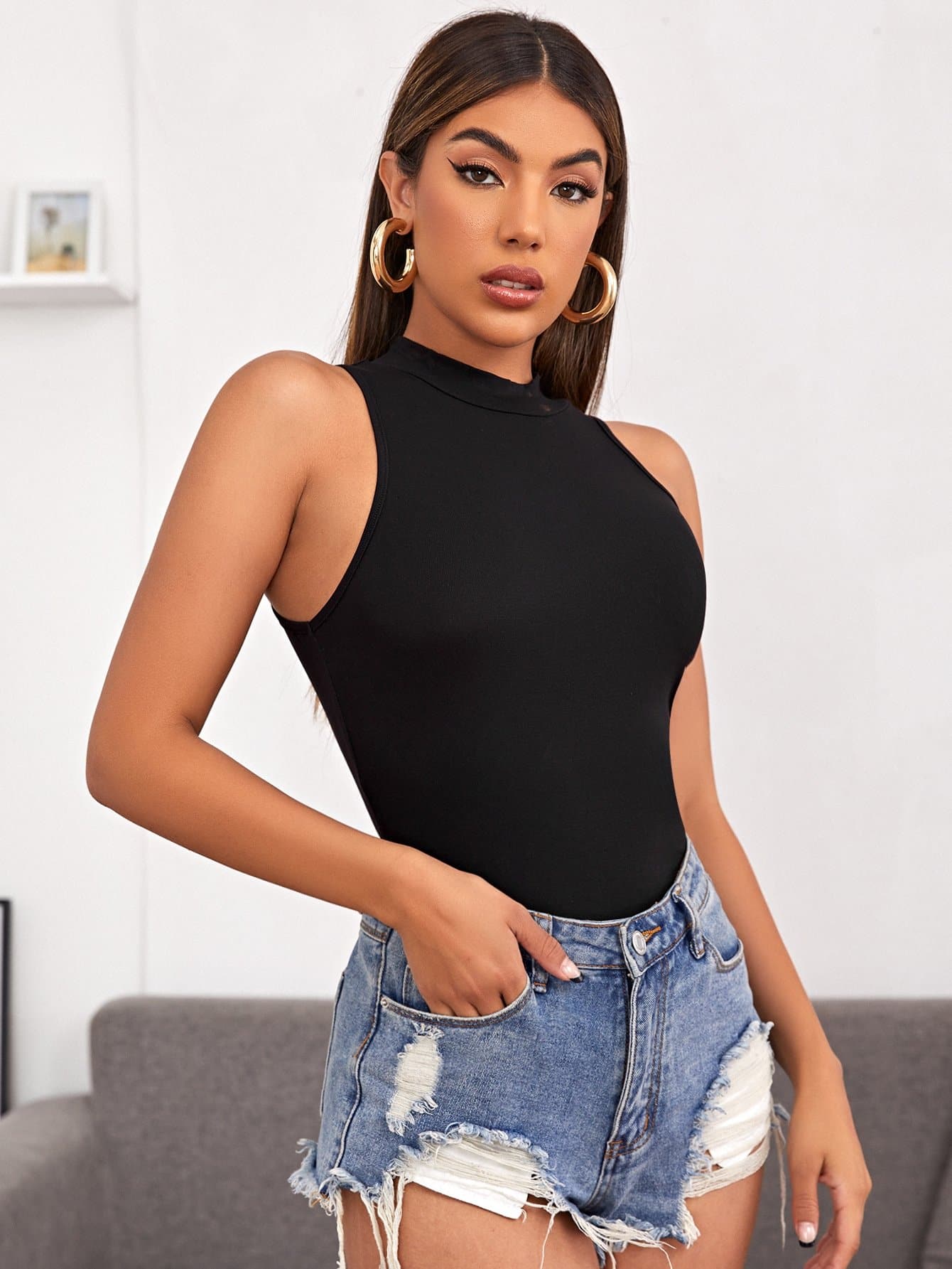 Black Mock-Neck Solid Sim Fit Tank Top