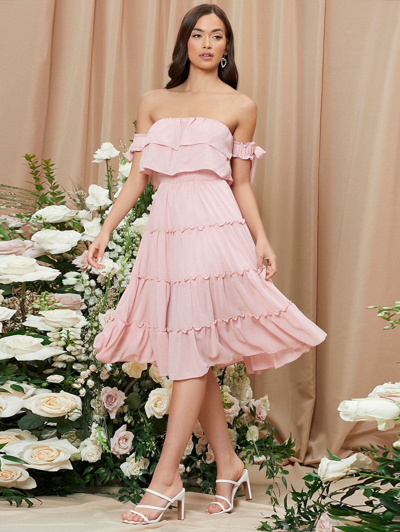 Pink Off Shoulder Sleeveless Knot Sleeve Tiered Hem Chiffon Dress