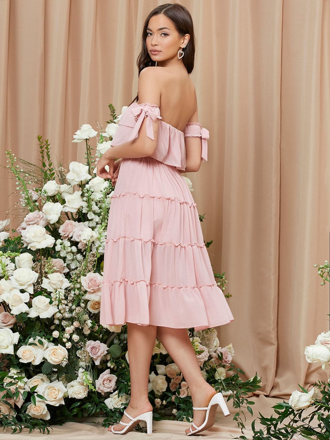 Pink Off Shoulder Sleeveless Knot Sleeve Tiered Hem Chiffon Dress