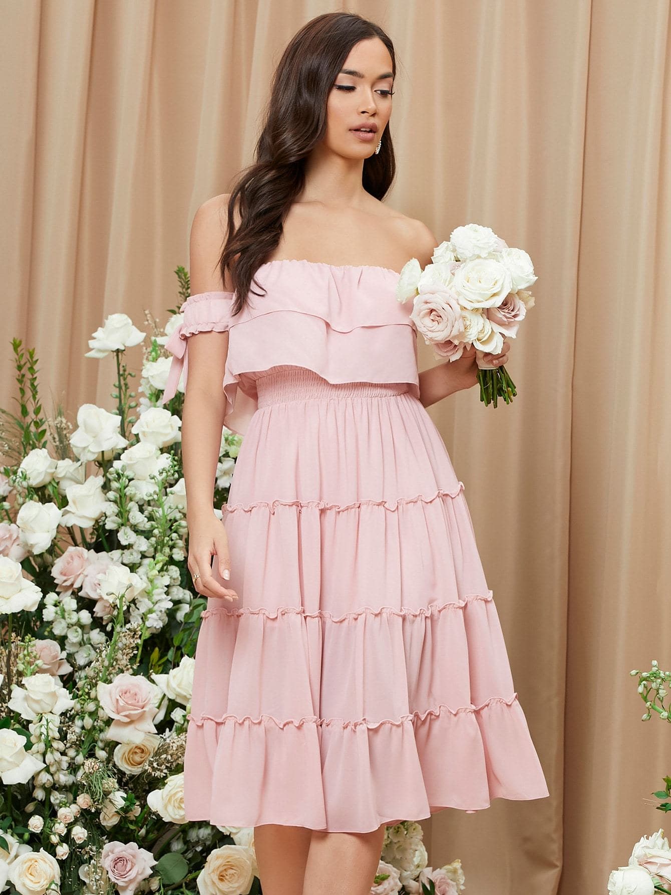 Pink Off Shoulder Sleeveless Knot Sleeve Tiered Hem Chiffon Dress