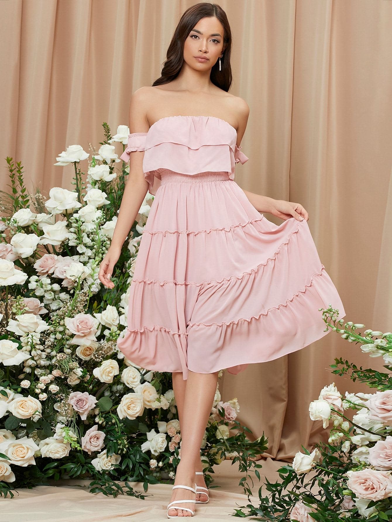 Pink Off Shoulder Sleeveless Knot Sleeve Tiered Hem Chiffon Dress