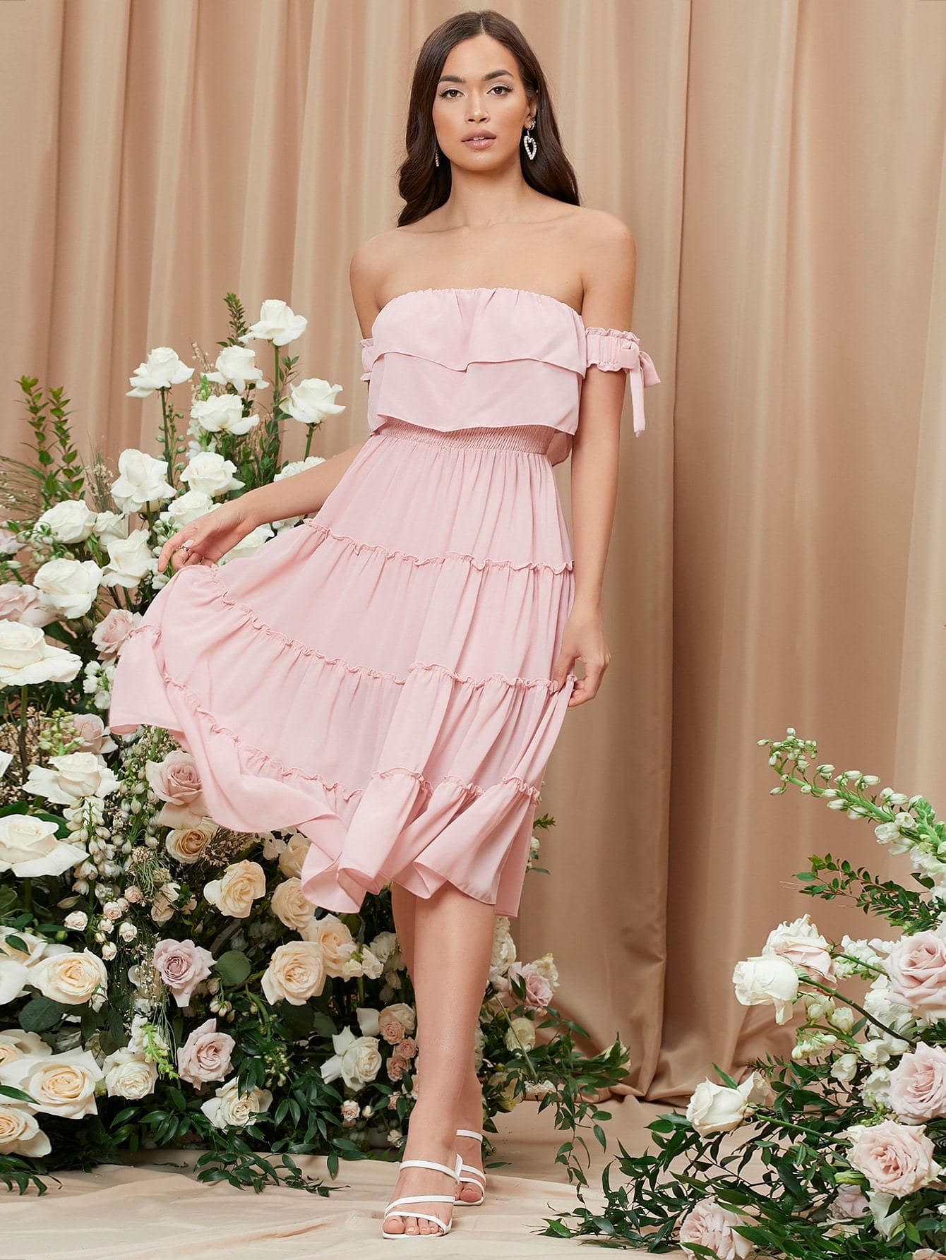 Pink Off Shoulder Sleeveless Knot Sleeve Tiered Hem Chiffon Dress