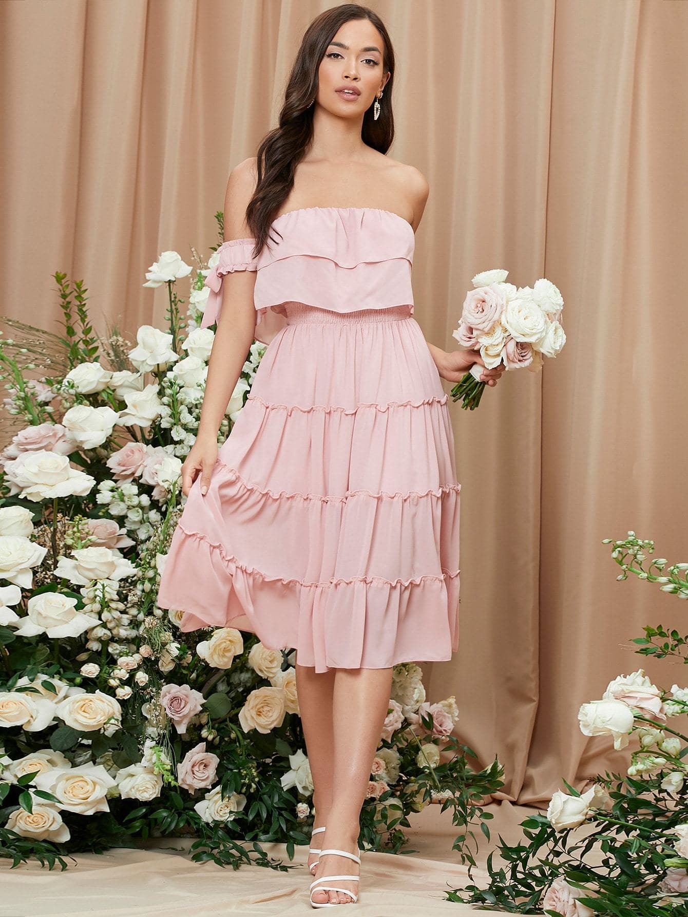Pink Off Shoulder Sleeveless Knot Sleeve Tiered Hem Chiffon Dress