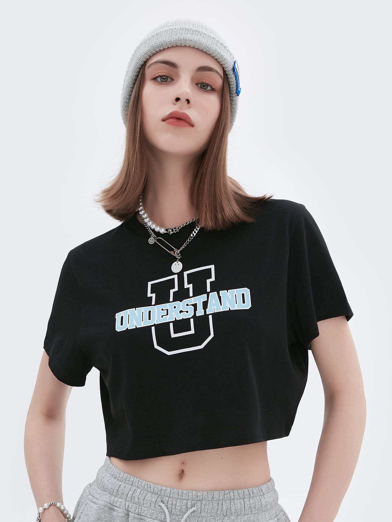 Round Neck Short Sleeve Letter Graphic Crop Top