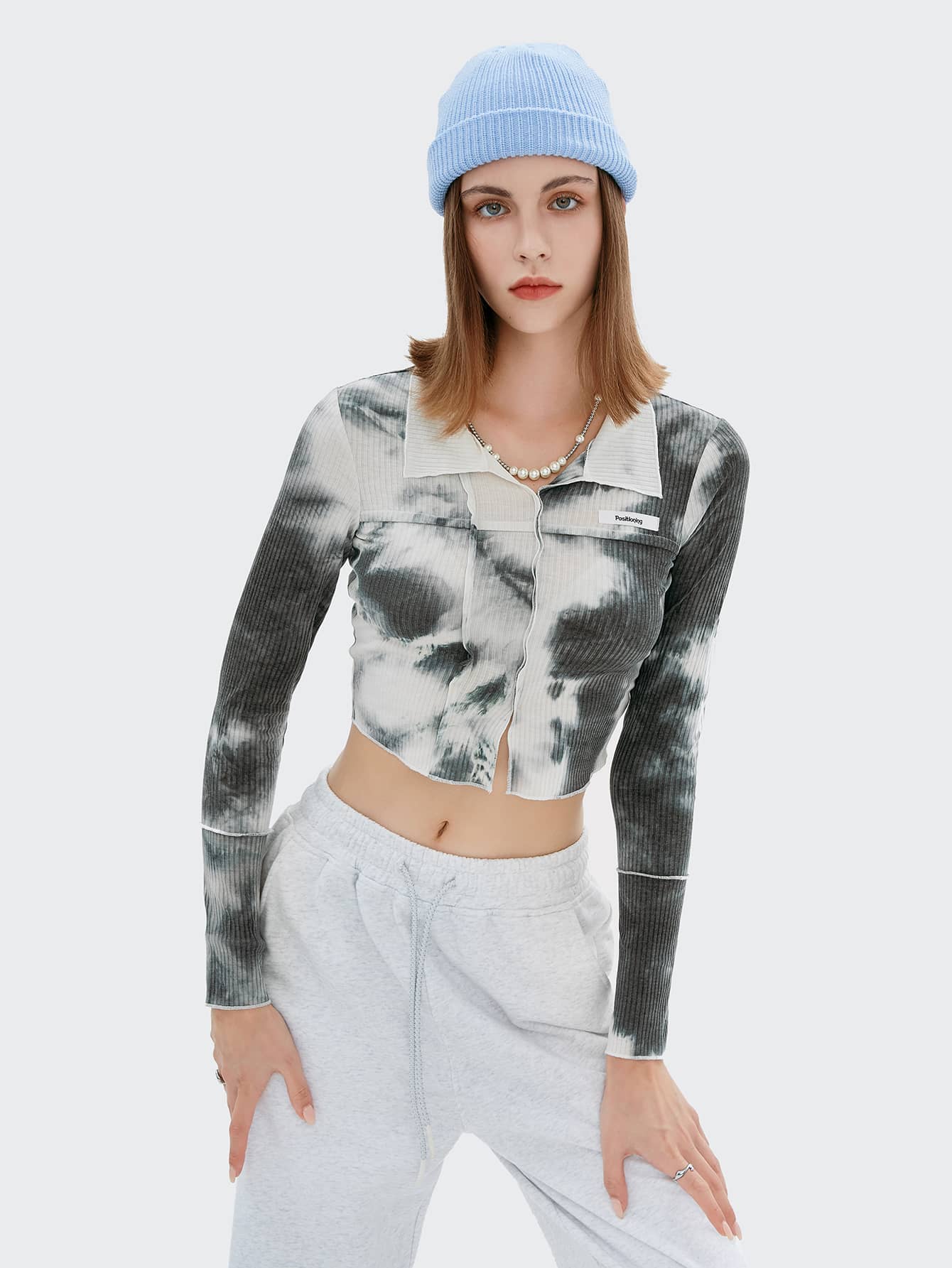 Rib-Knit Patched Detail Tie Dye Top
