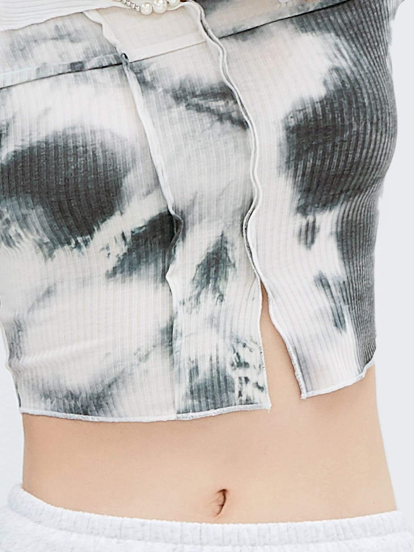 Rib-Knit Patched Detail Tie Dye Top