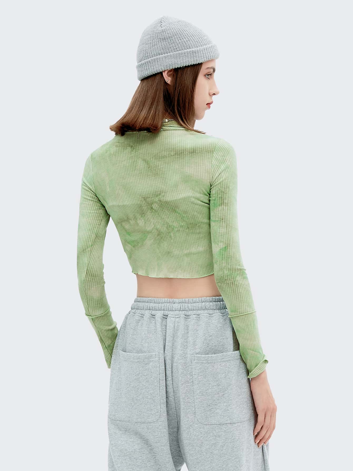Mint Green Patched Detail Rib-knit Slim Fit Top