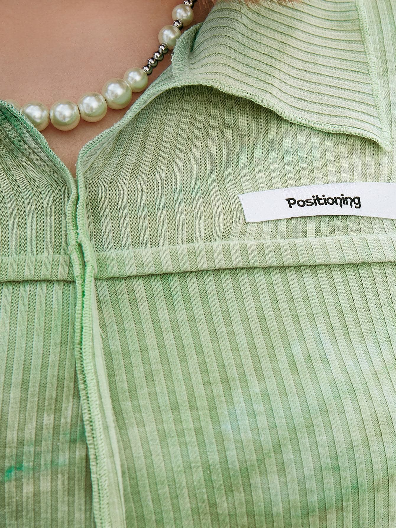 Mint Green Patched Detail Rib-knit Slim Fit Top