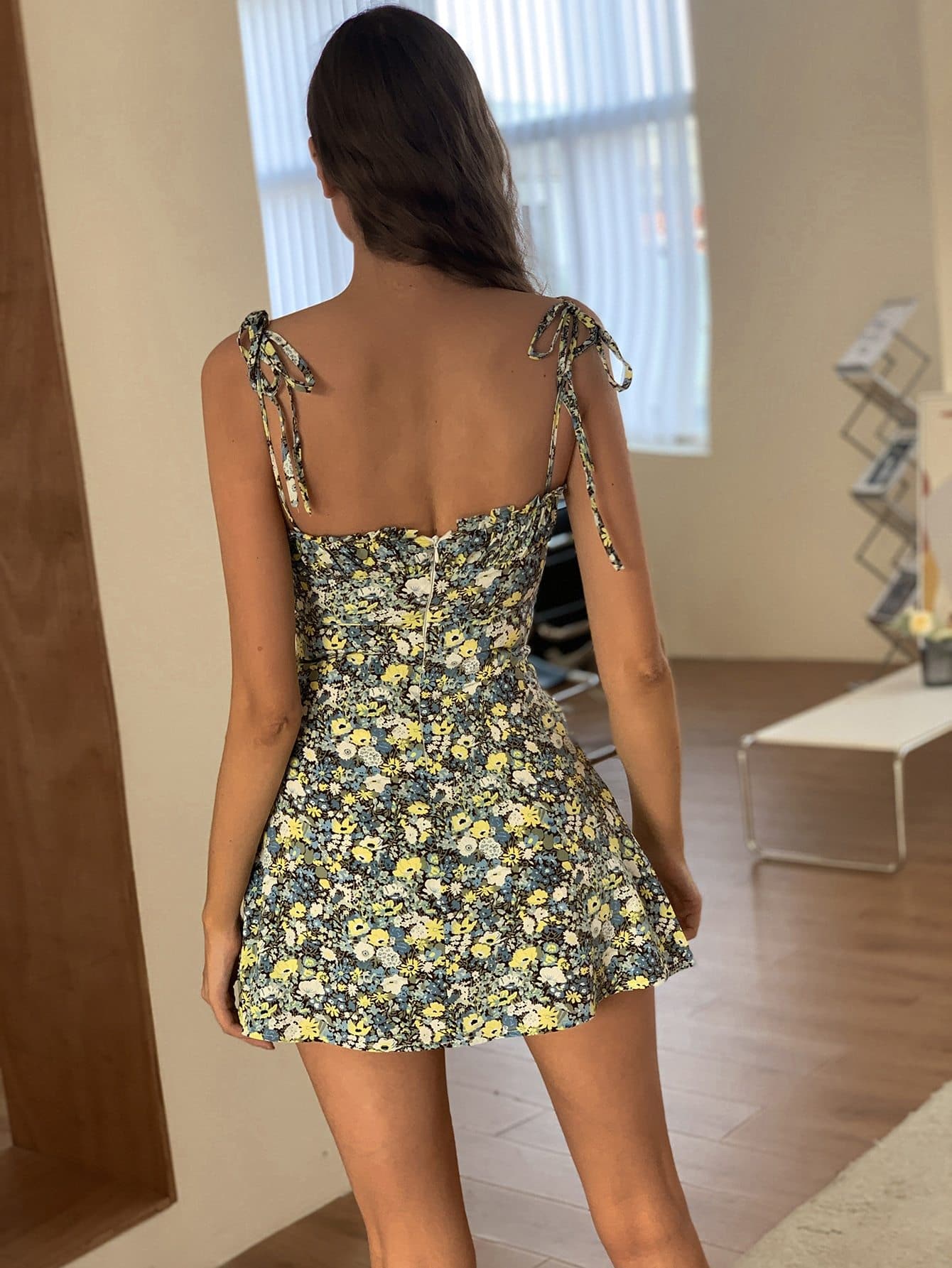 Ditsy Floral Knot Front Spaghetti Strap Sleeveless Cami Dress