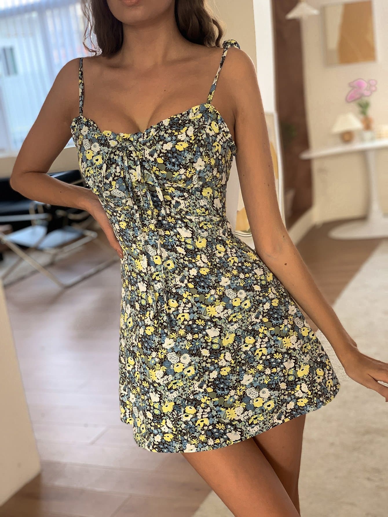 Ditsy Floral Knot Front Spaghetti Strap Sleeveless Cami Dress