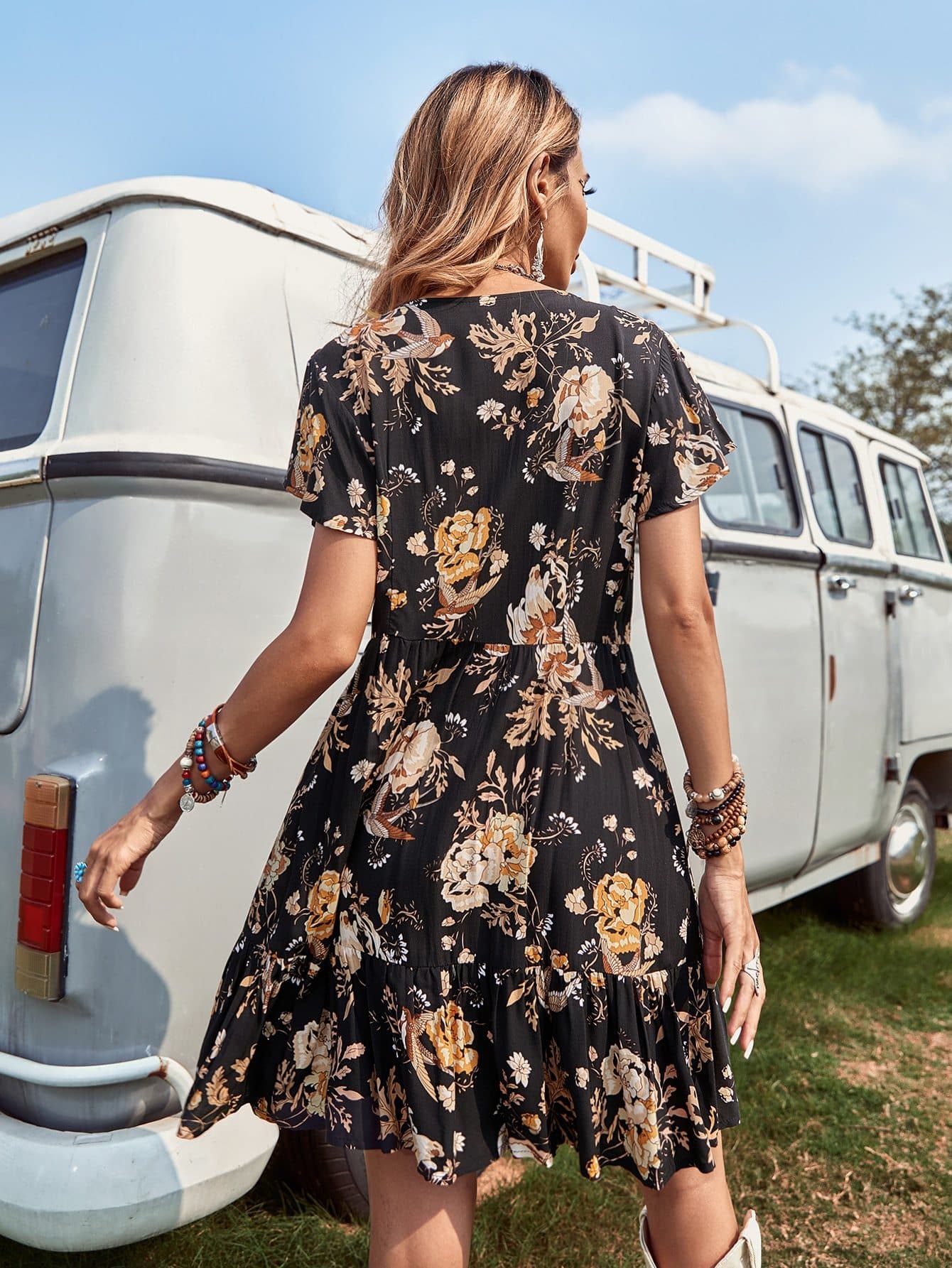V-Neck Ruffle Hem Allover Floral Button Front Dress