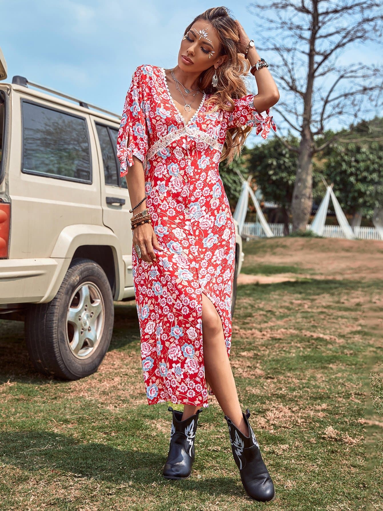 Red V-Neck Allover Floral Lace Trim Split Thigh Dress