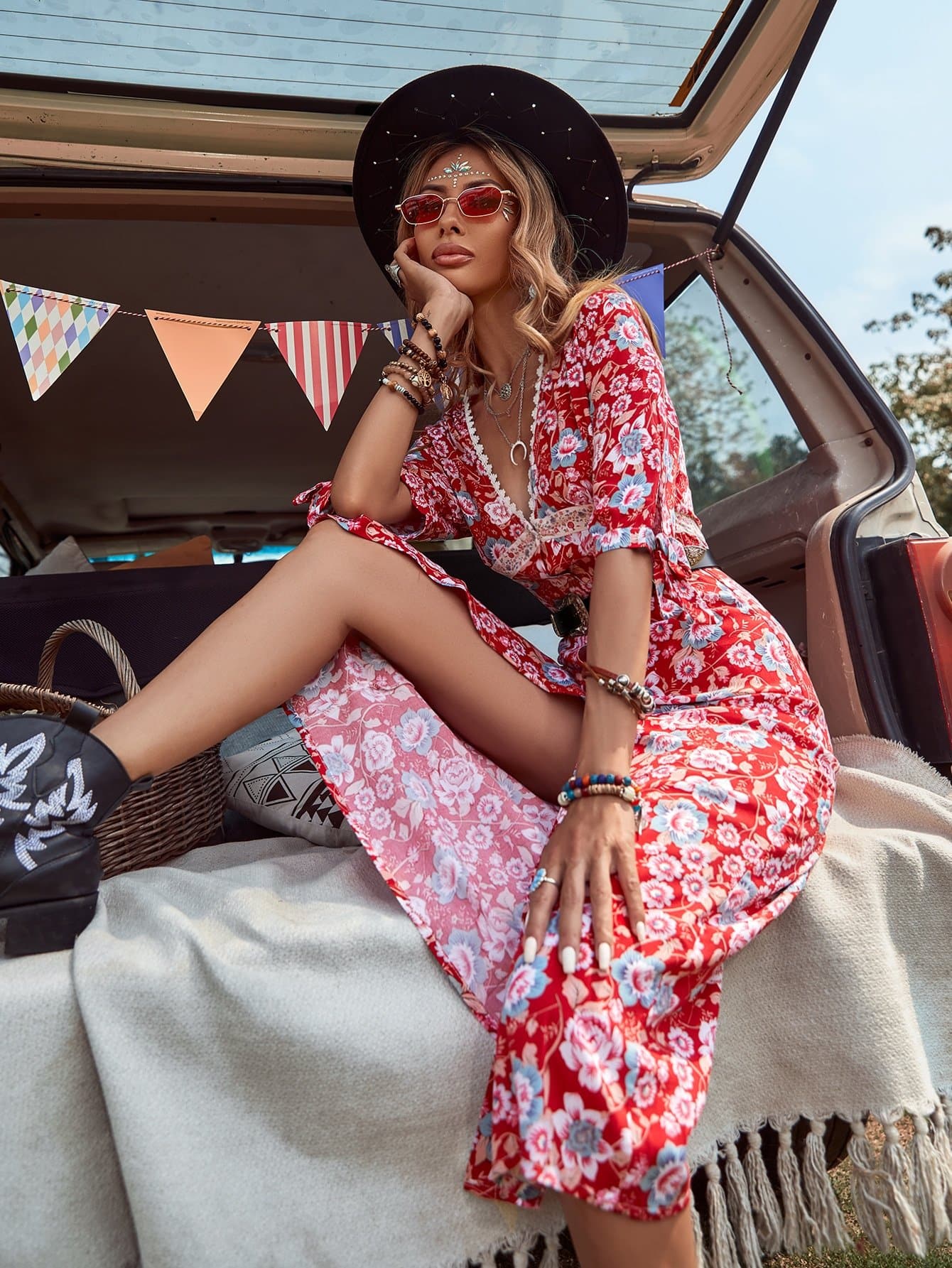 Red V-Neck Allover Floral Lace Trim Split Thigh Dress