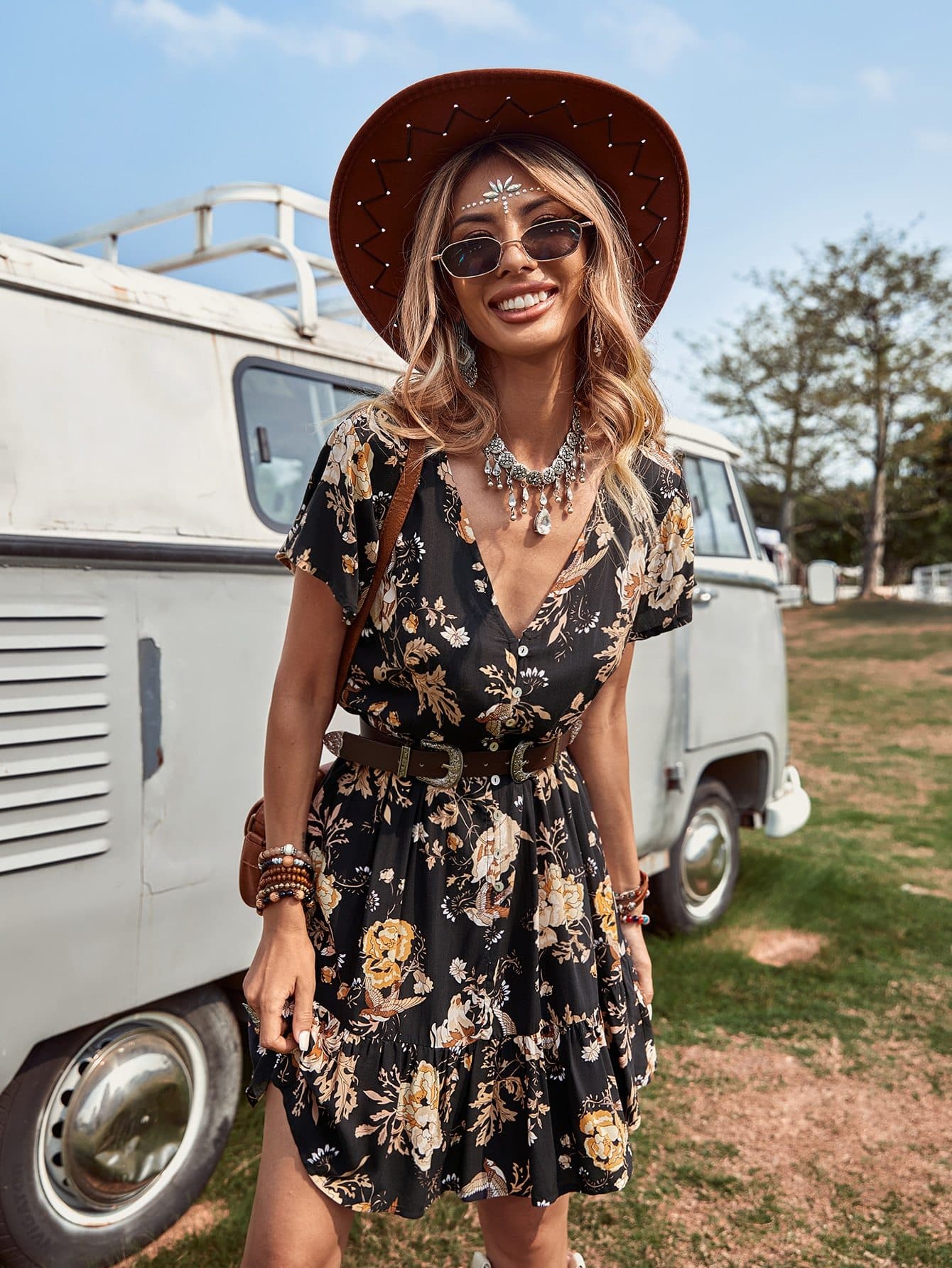 V-Neck Ruffle Hem Allover Floral Button Front Dress