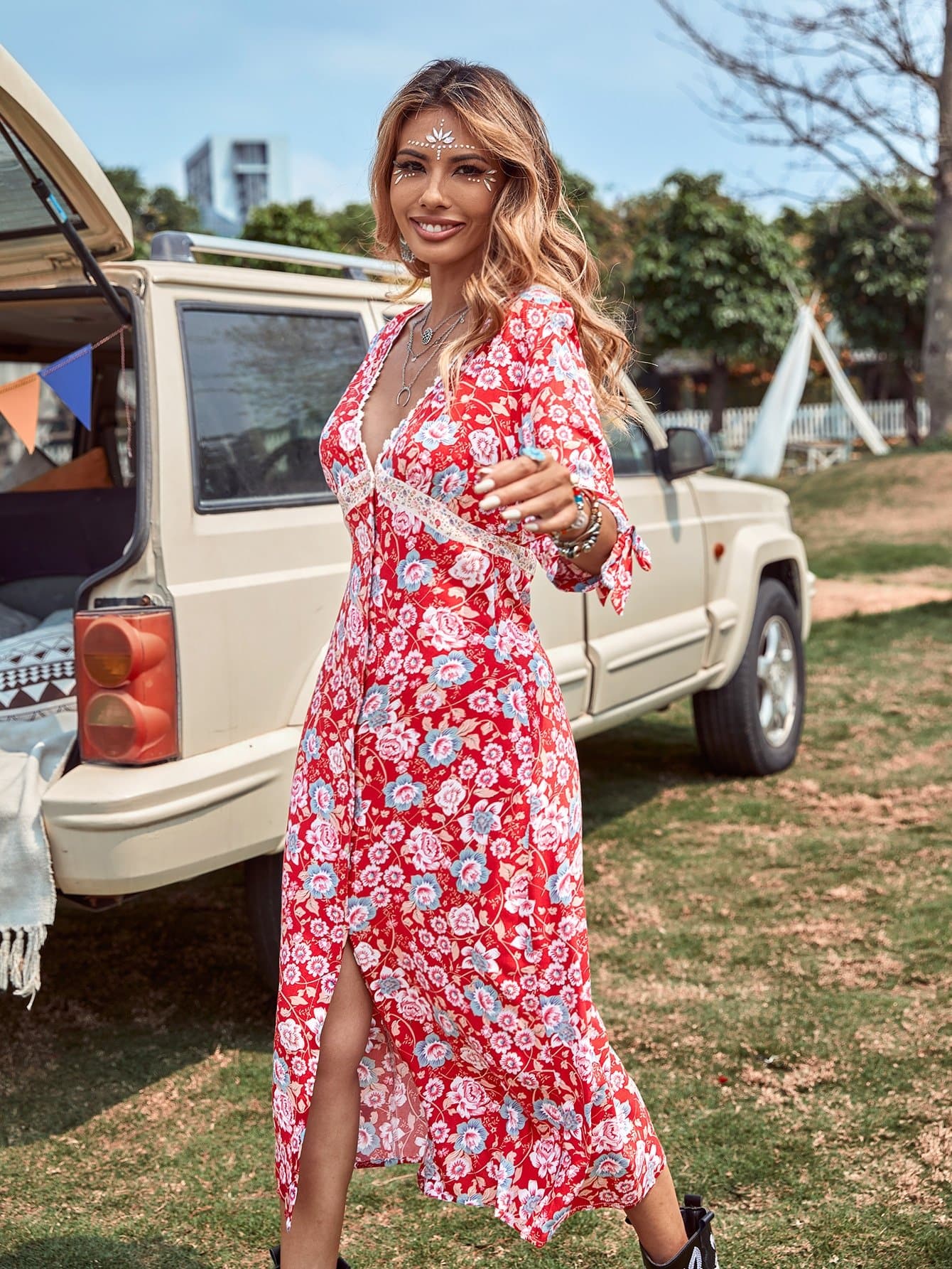 Red V-Neck Allover Floral Lace Trim Split Thigh Dress