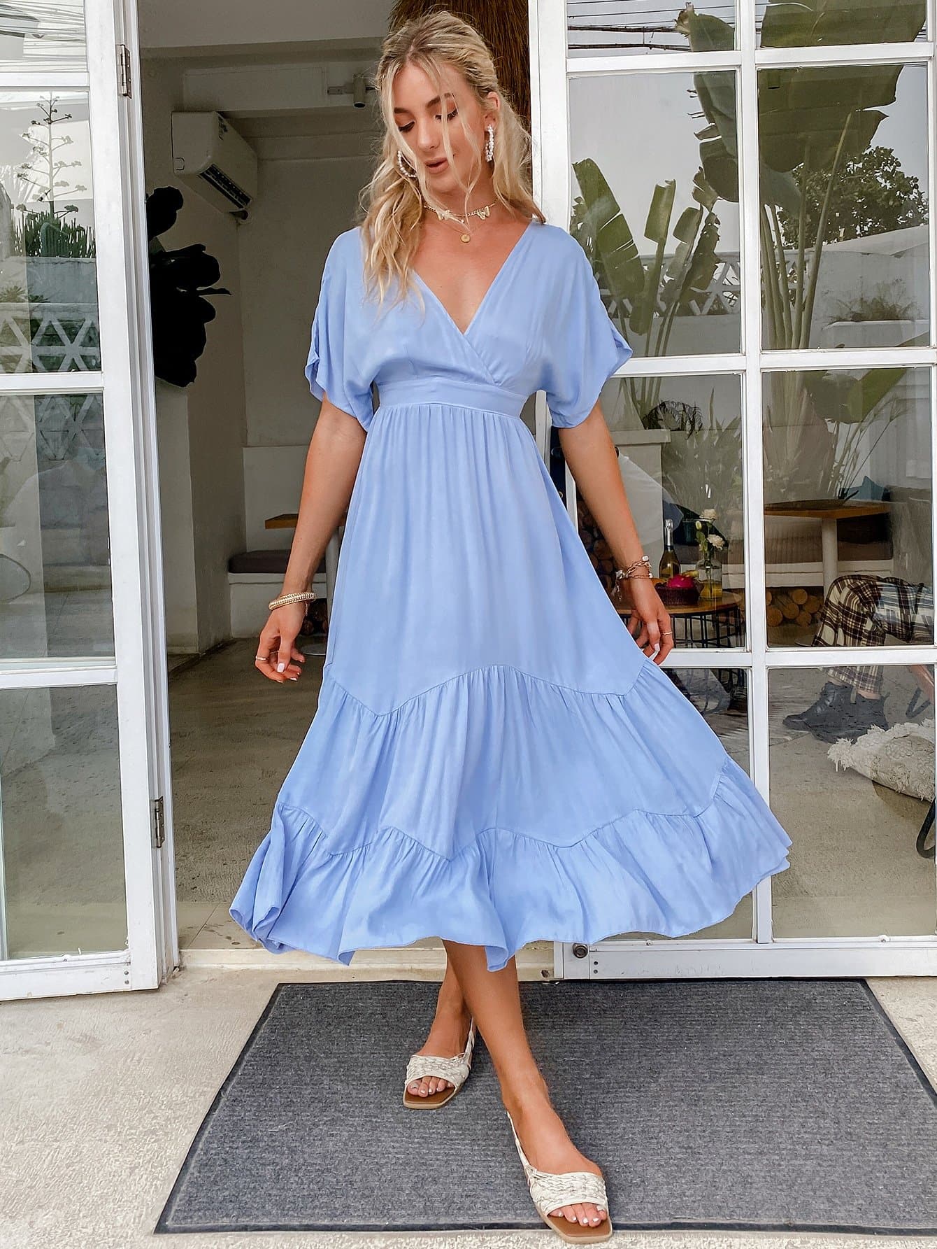 Pastel Blue Surplice Neck Low Back Batwing Sleeve Ruffle Hem Dress