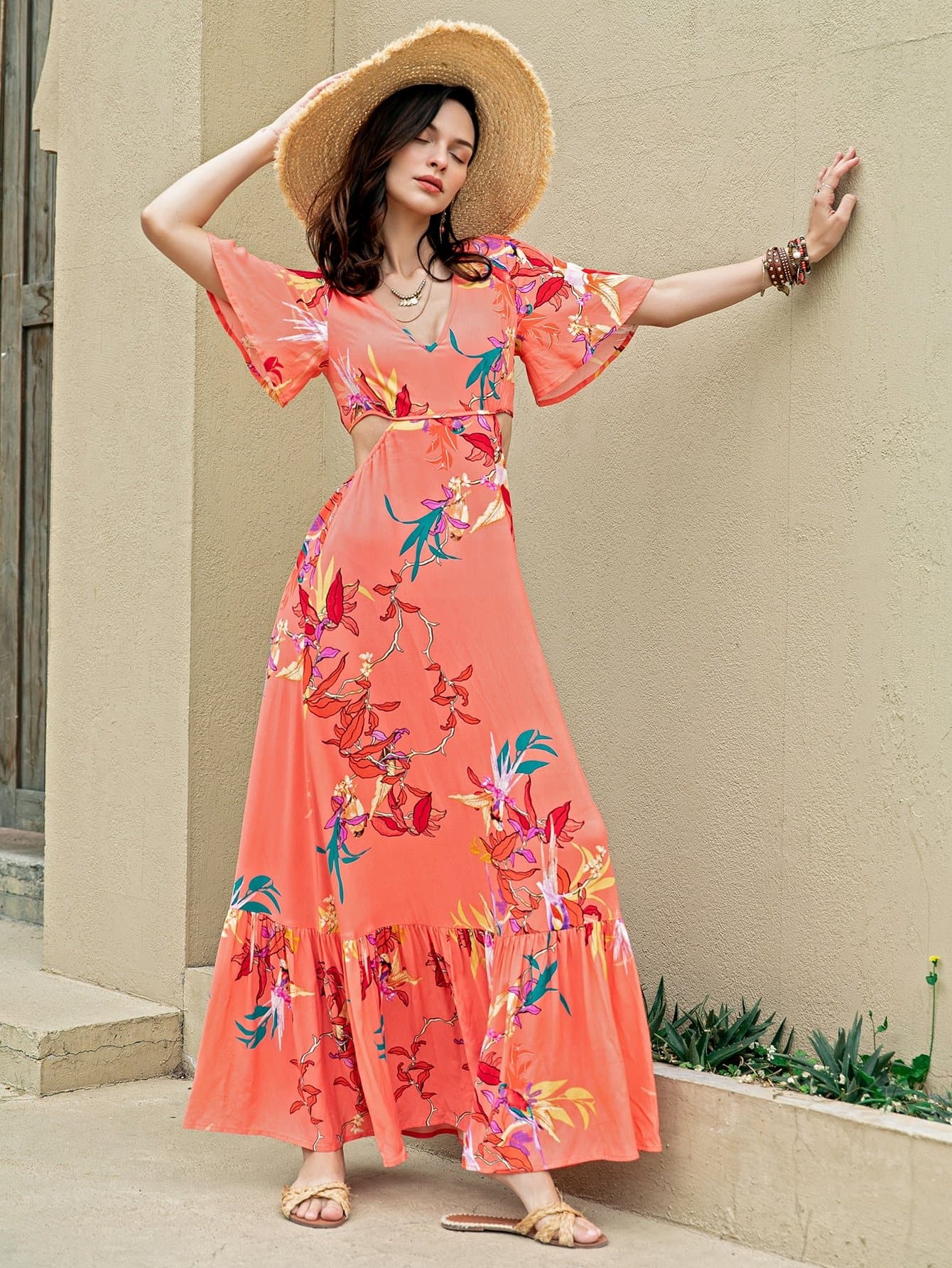 Orange V-Neck Flounce Sleeve Open Back Floral Print Dress