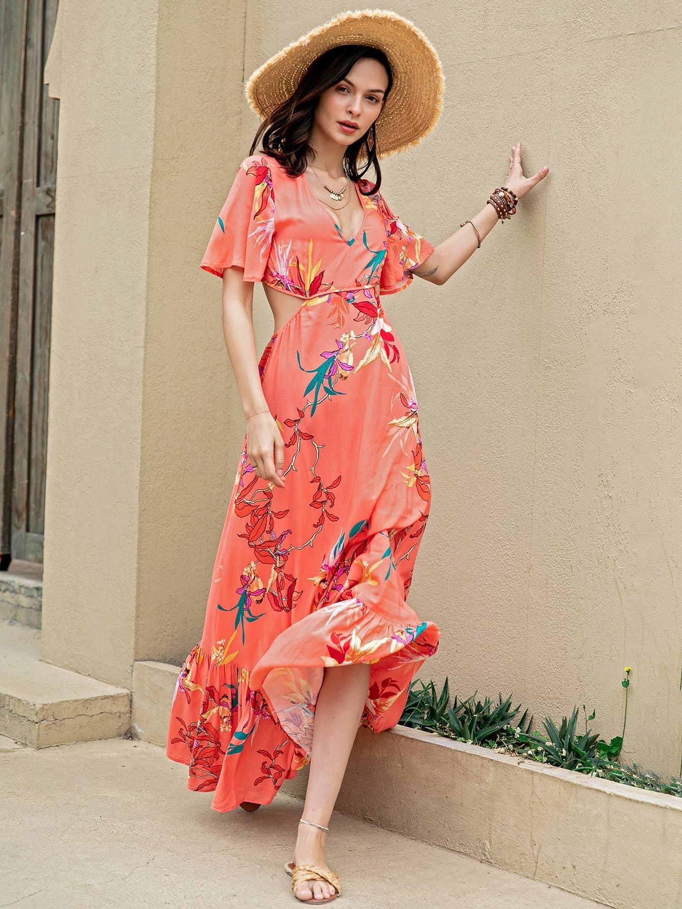 Orange V-Neck Flounce Sleeve Open Back Floral Print Dress