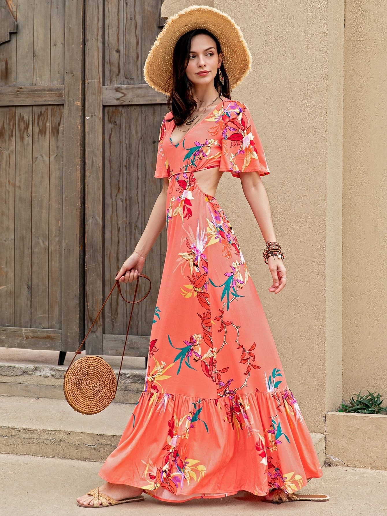 Orange V-Neck Flounce Sleeve Open Back Floral Print Dress