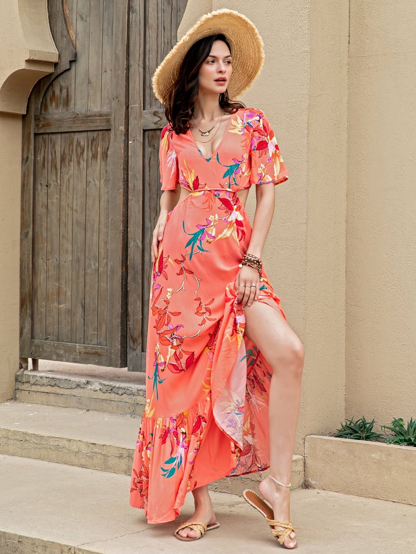 Orange V-Neck Flounce Sleeve Open Back Floral Print Dress