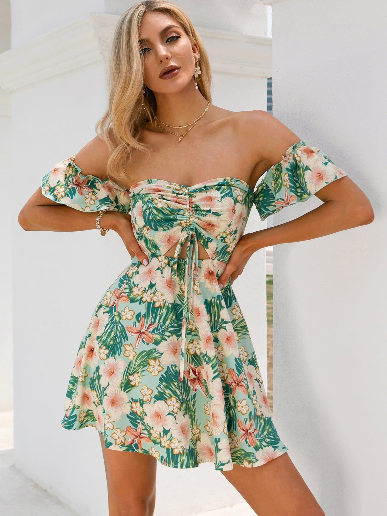 Off Shoulder Tropical Print Drawstring Peekaboo Bardot Dress