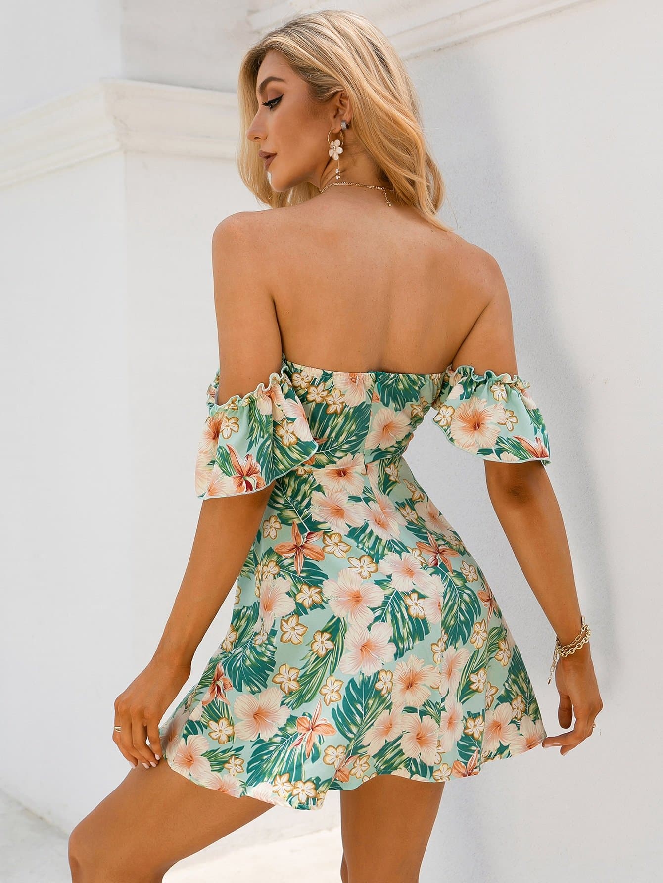 Off Shoulder Tropical Print Drawstring Peekaboo Bardot Dress