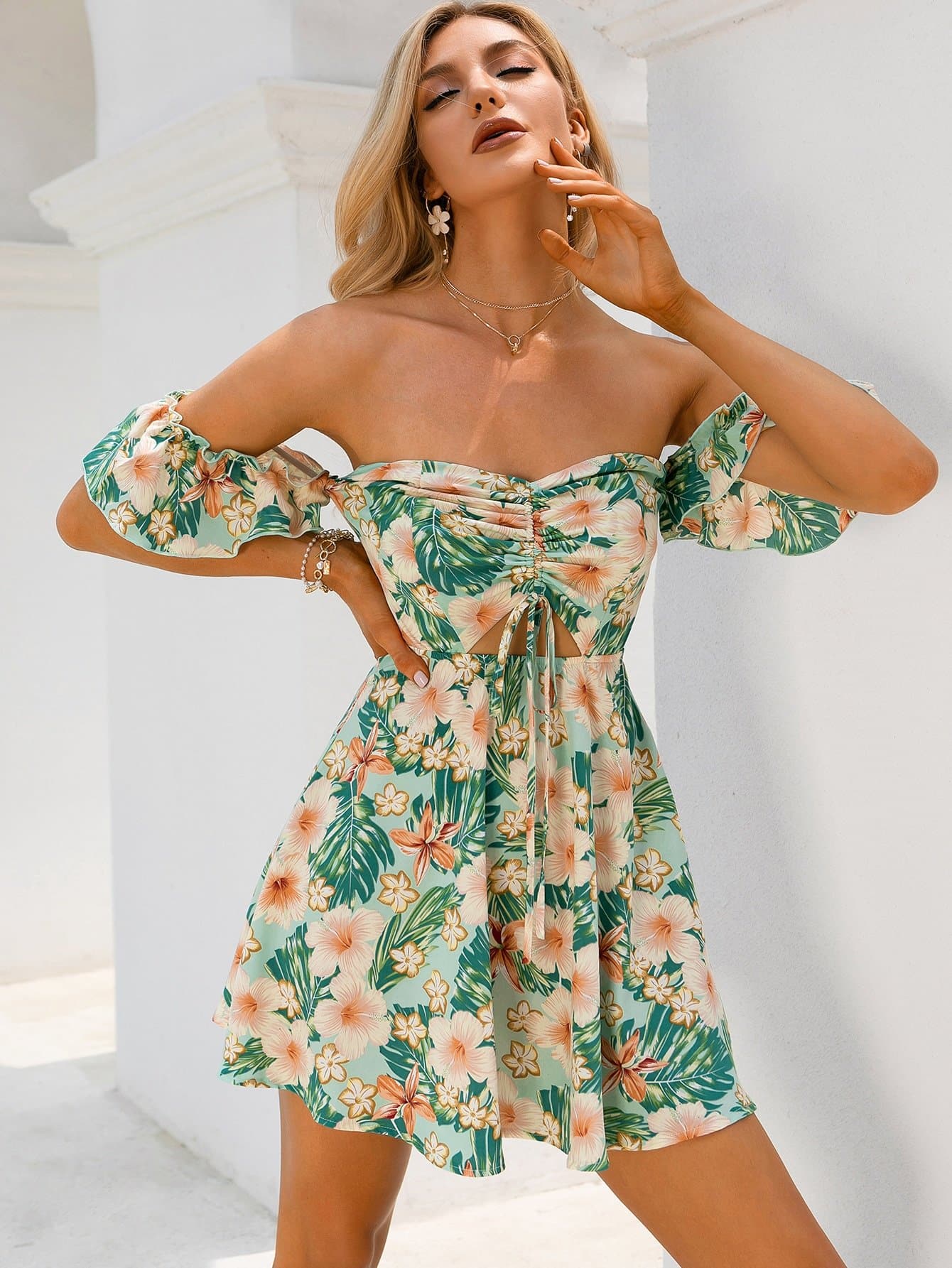 Off Shoulder Tropical Print Drawstring Peekaboo Bardot Dress
