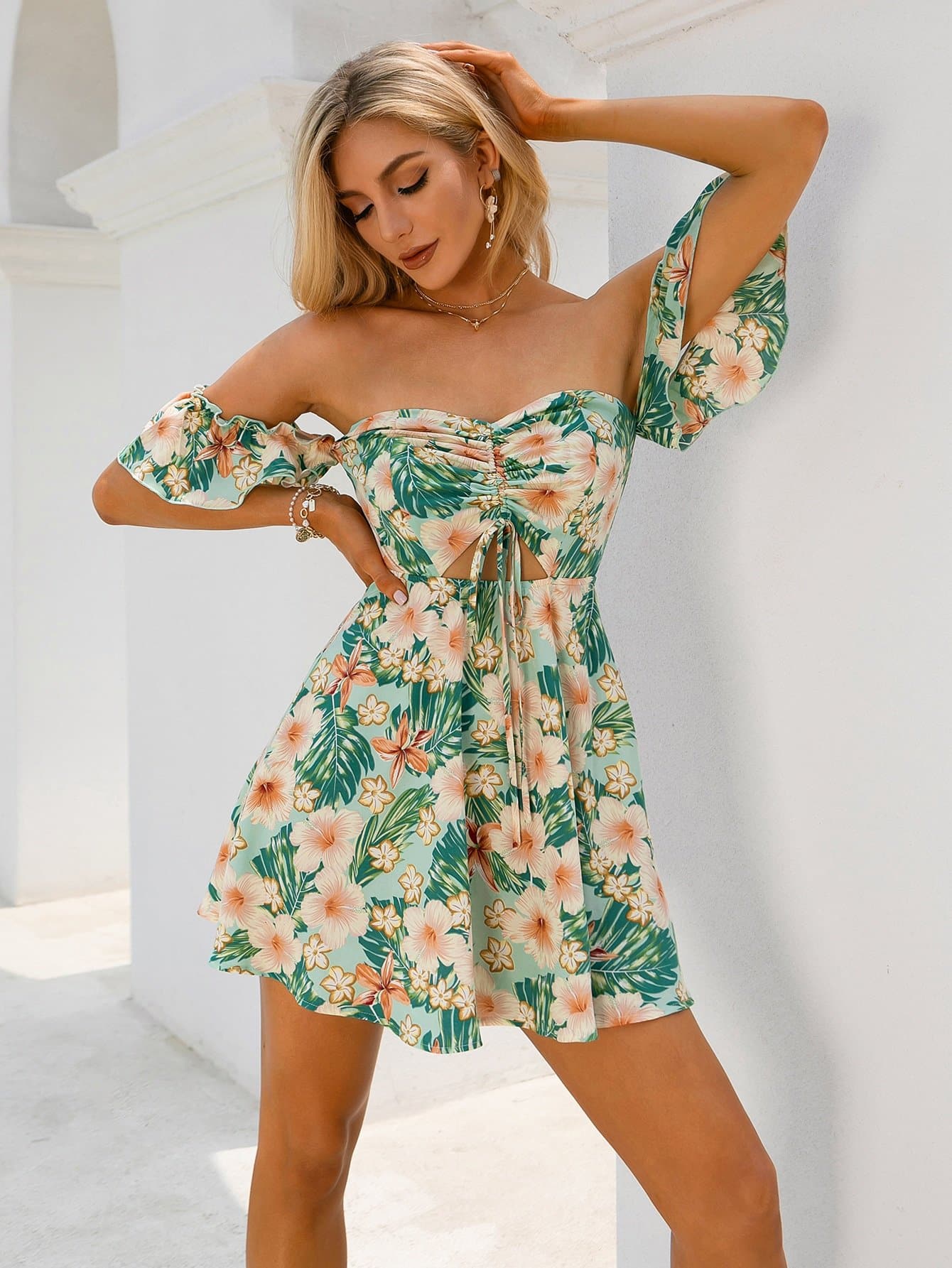 Off Shoulder Tropical Print Drawstring Peekaboo Bardot Dress