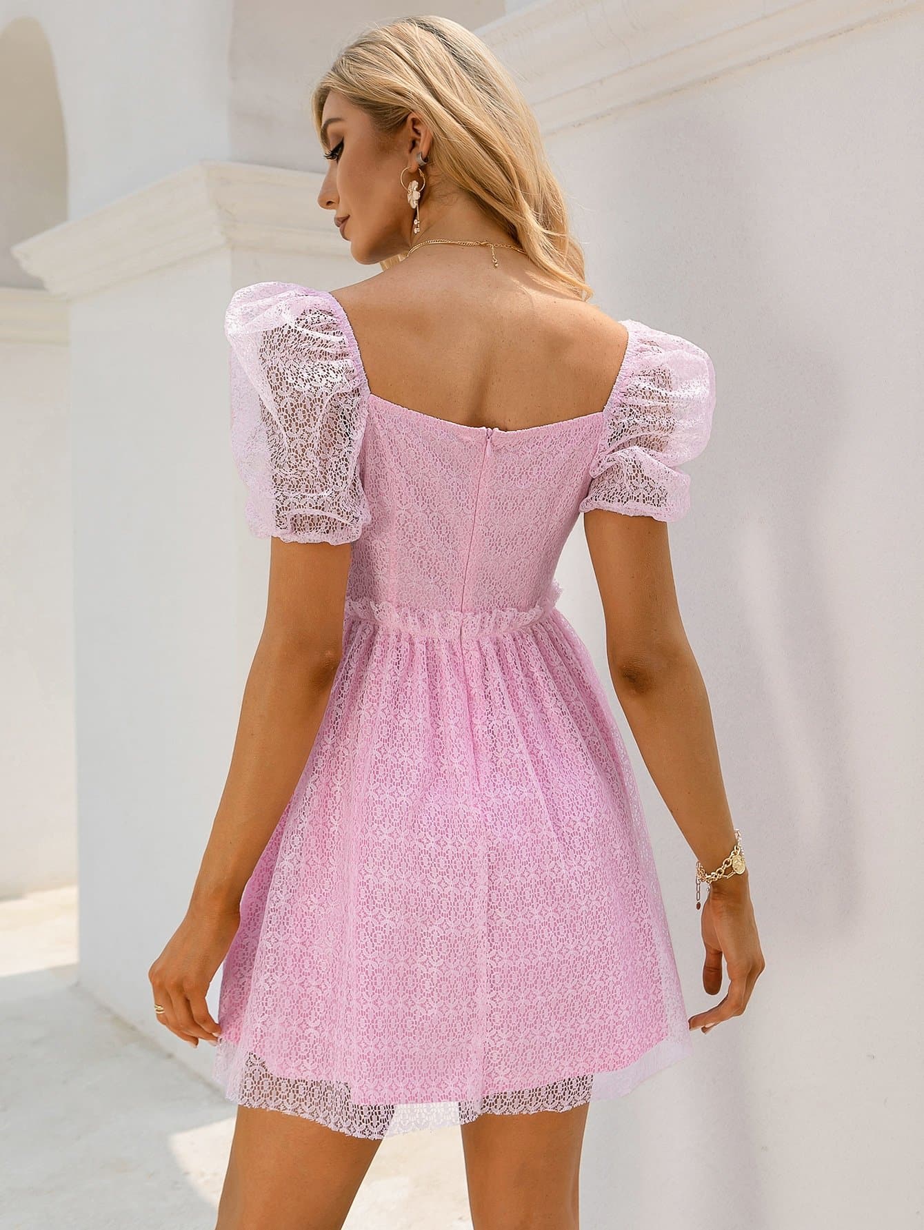 Baby Pink Sweetheart Neck Puff Sleeve Lace Overlay Dress