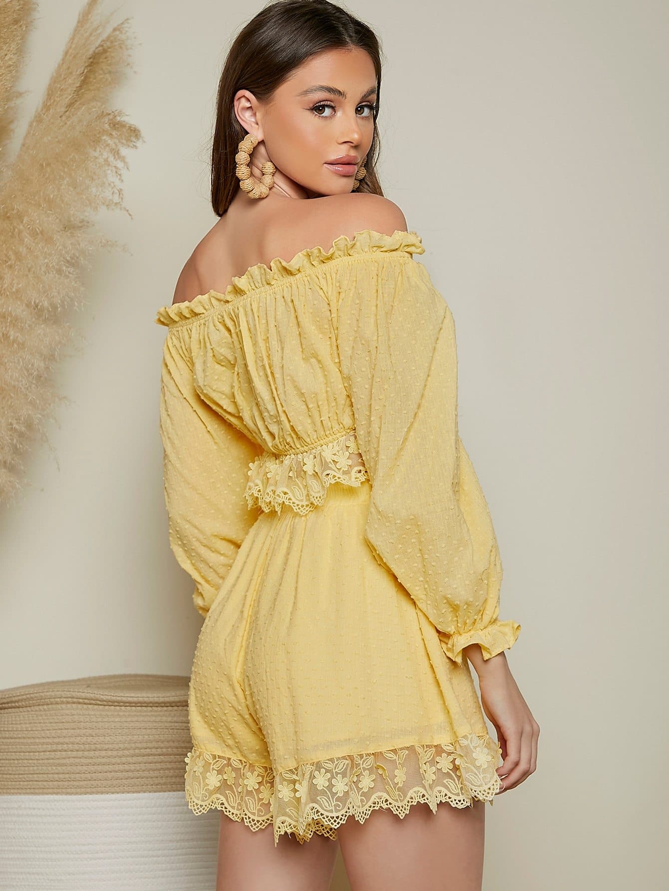 Yellow Off Shoulder Ruffle Trim Ruched Crop Top and Shorts Set