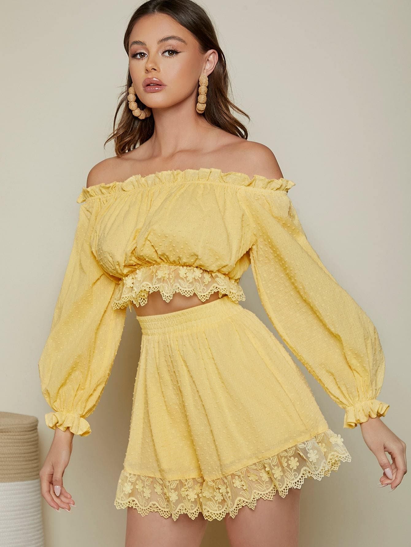Yellow Off Shoulder Ruffle Trim Ruched Crop Top and Shorts Set