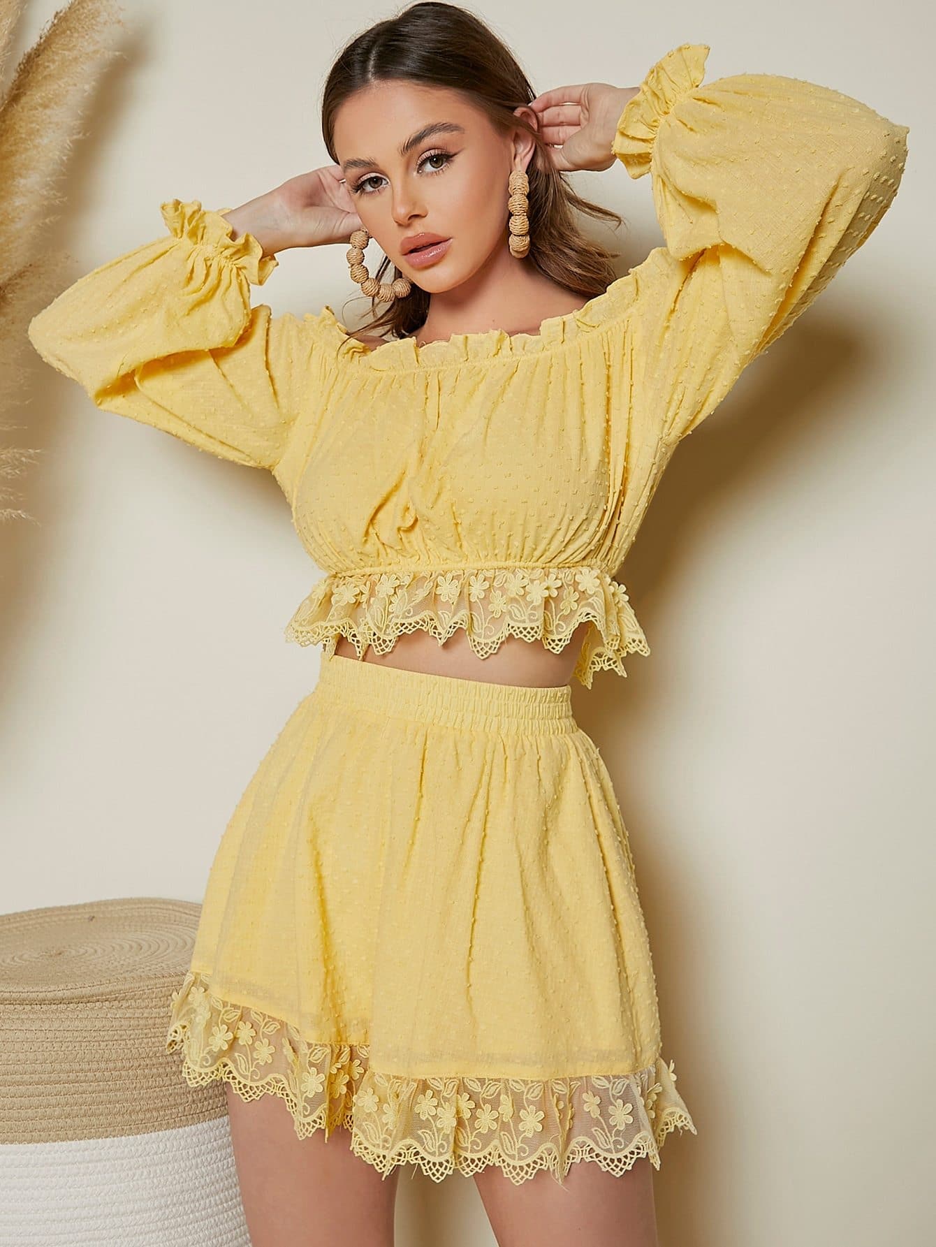 Yellow Off Shoulder Ruffle Trim Ruched Crop Top and Shorts Set