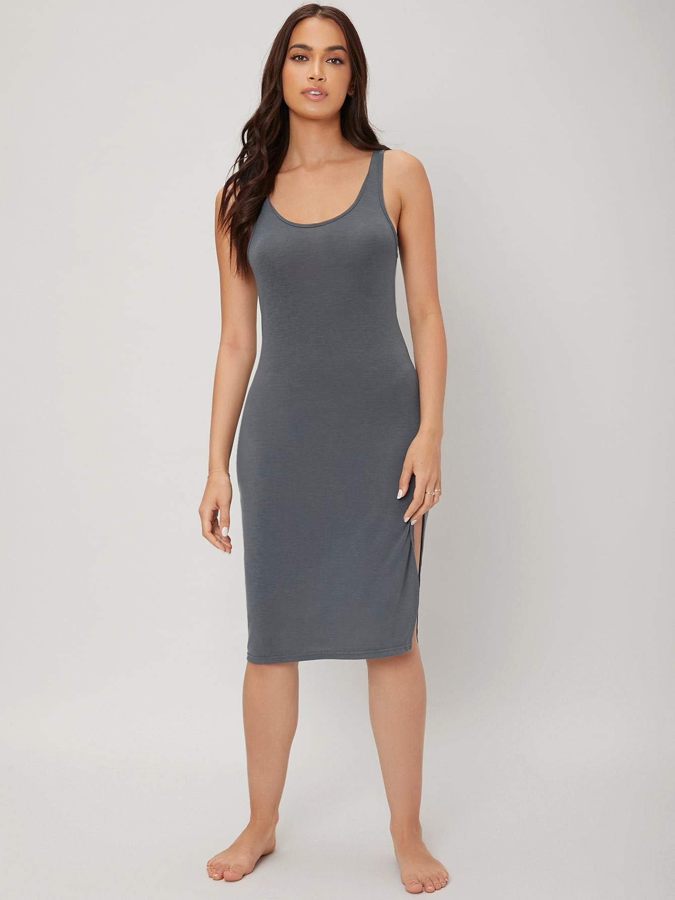 Grey Scoop neck Sleeveless Solid Slit Hem Lounge Dress