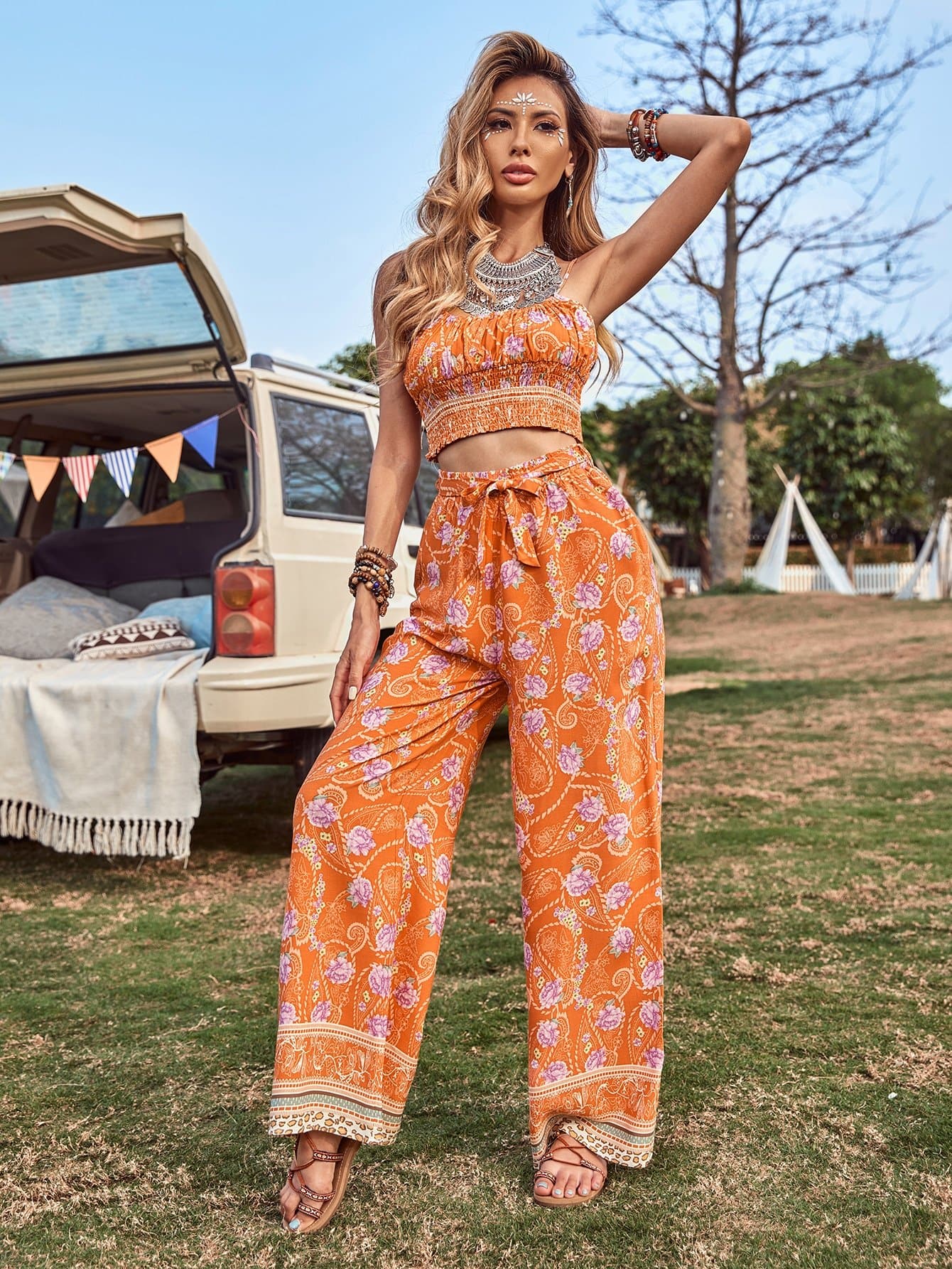 Orange Floral Print Spaghetti Strap Sleeveless Cami Top and Belted Pants