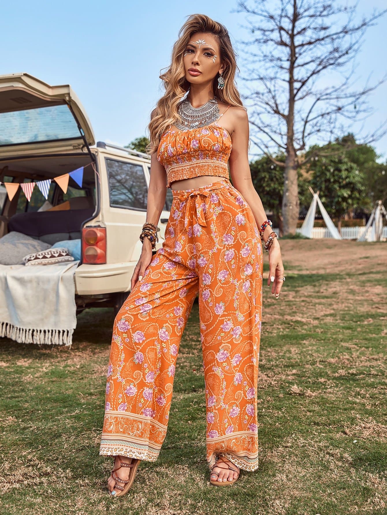 Orange Floral Print Spaghetti Strap Sleeveless Cami Top and Belted Pants