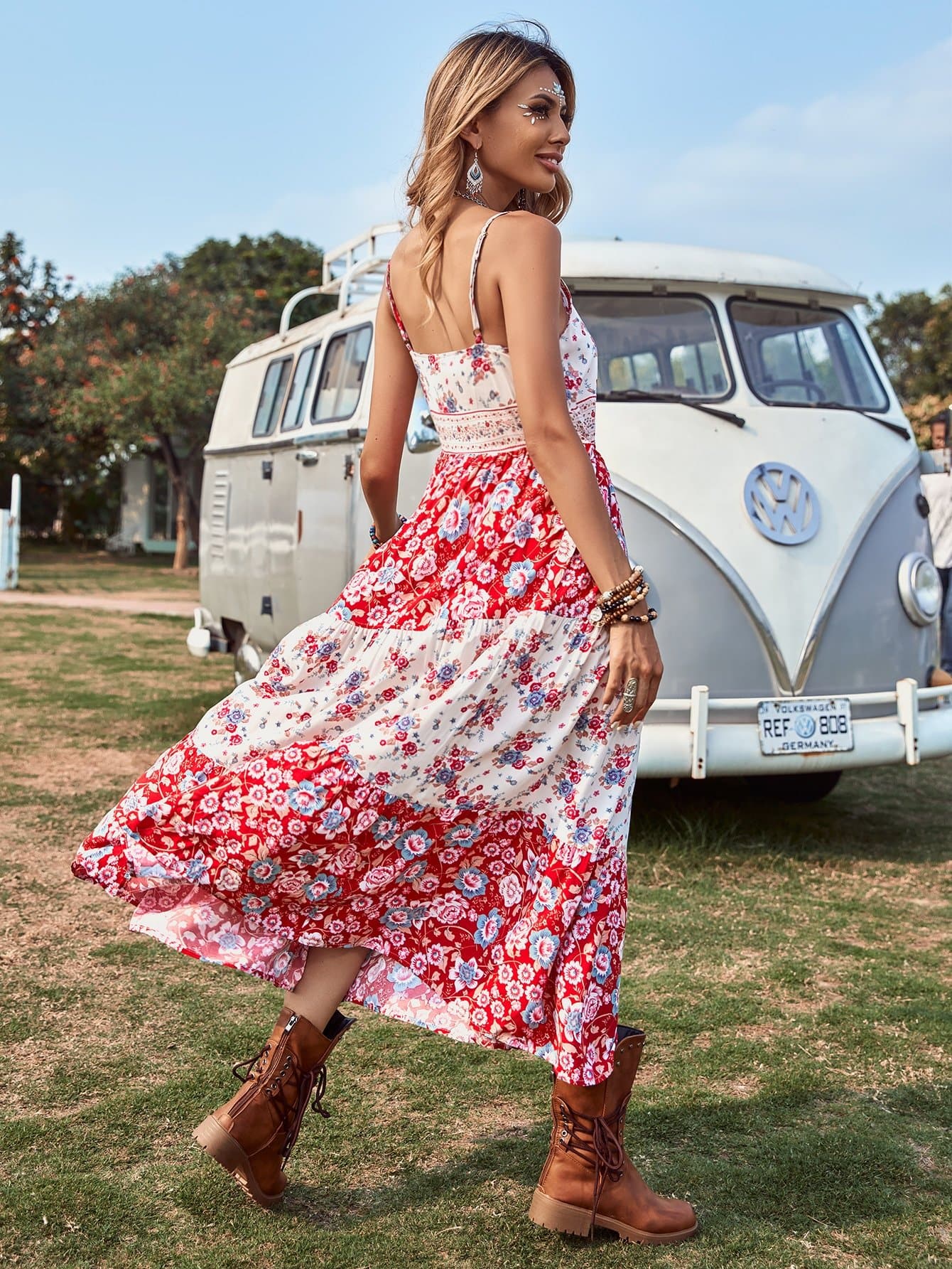 Floral Colorblock Spaghetti Strap Sleeveless Backless Ruffle Hem Cami Dress
