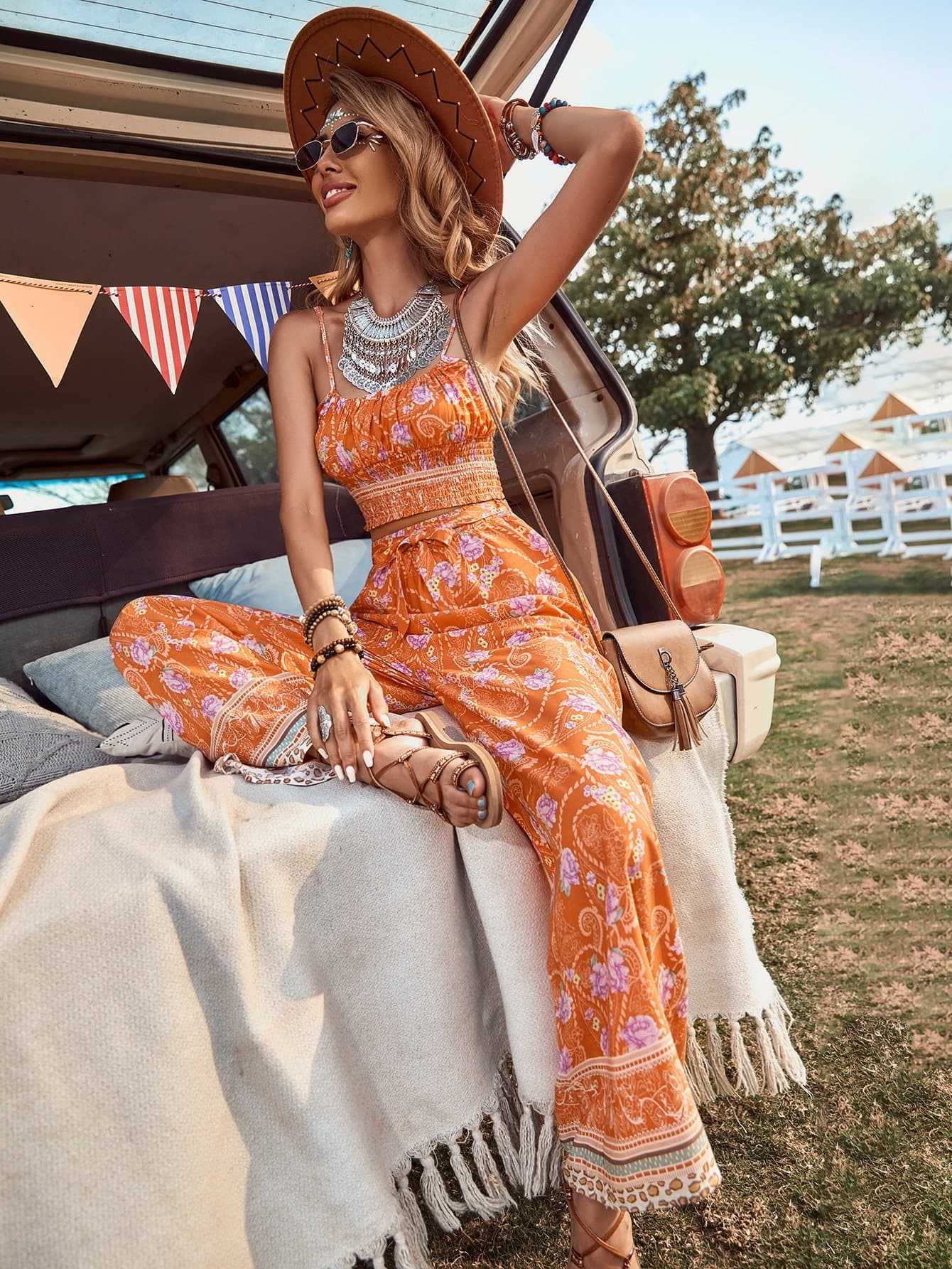 Orange Floral Print Spaghetti Strap Sleeveless Cami Top and Belted Pants
