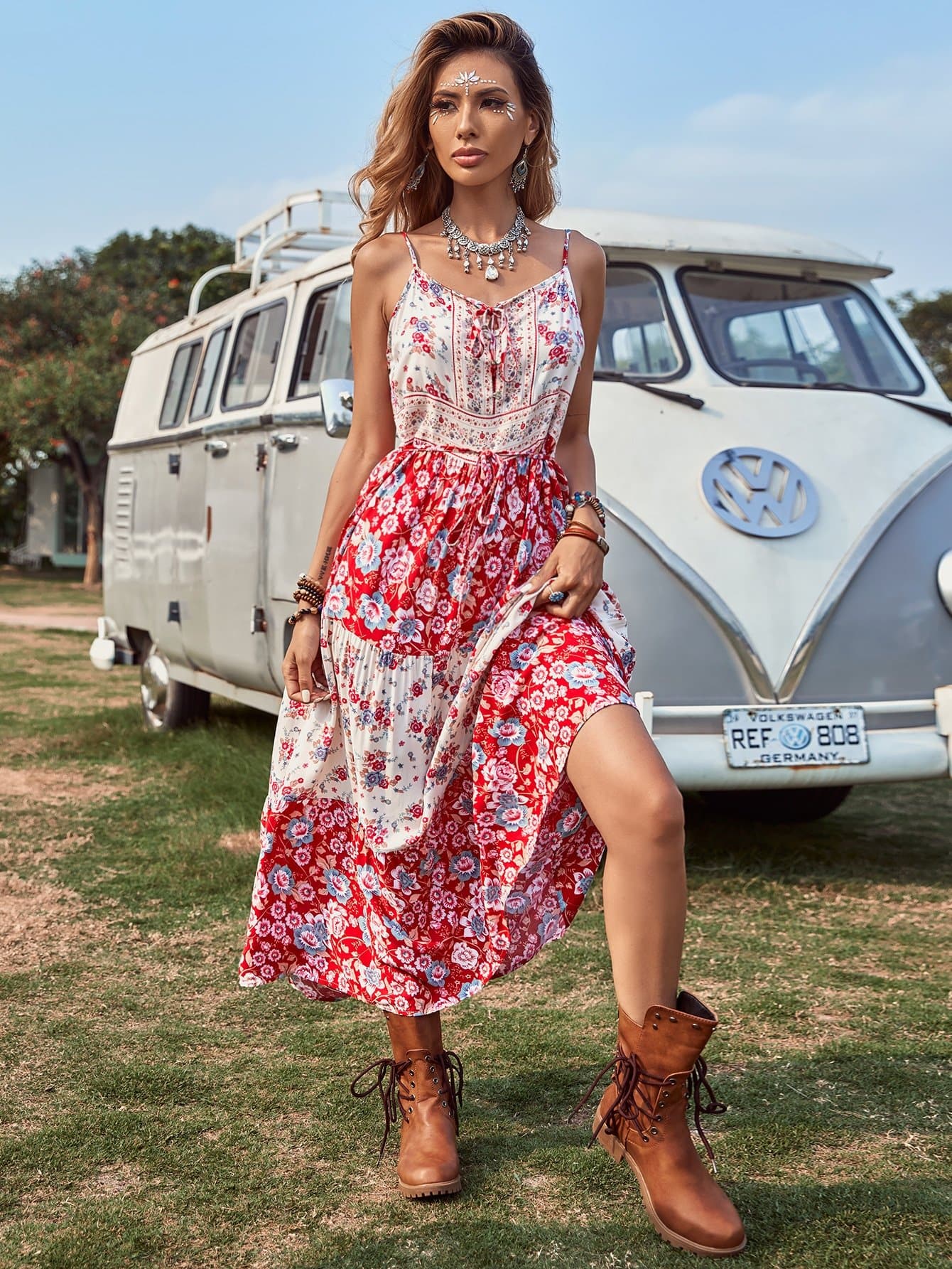 Floral Colorblock Spaghetti Strap Sleeveless Backless Ruffle Hem Cami Dress