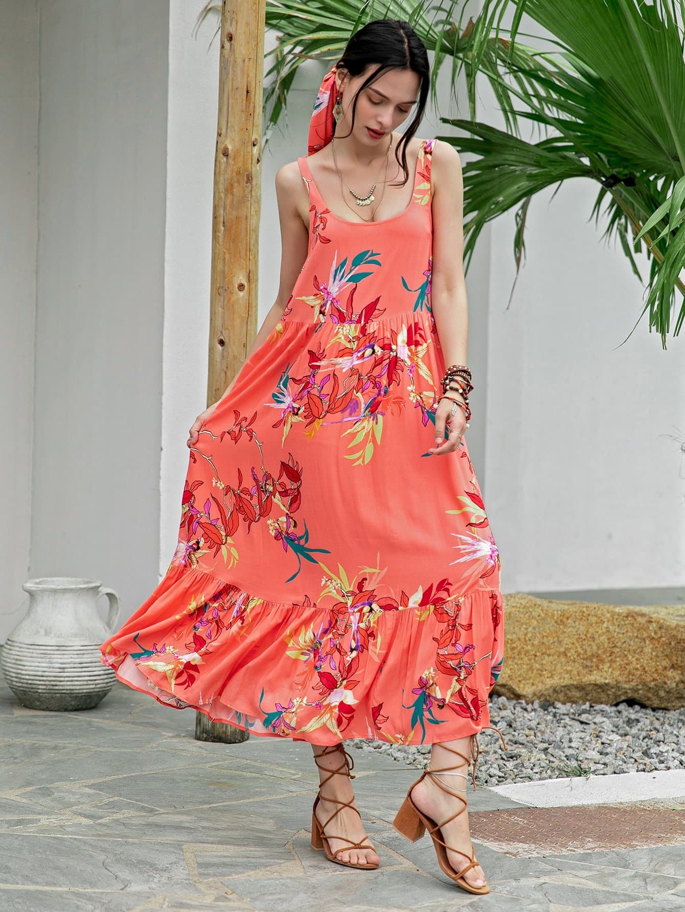 Orange Sleeveless Floral Ruffle Hem Scoop Neck Dress Without Headband