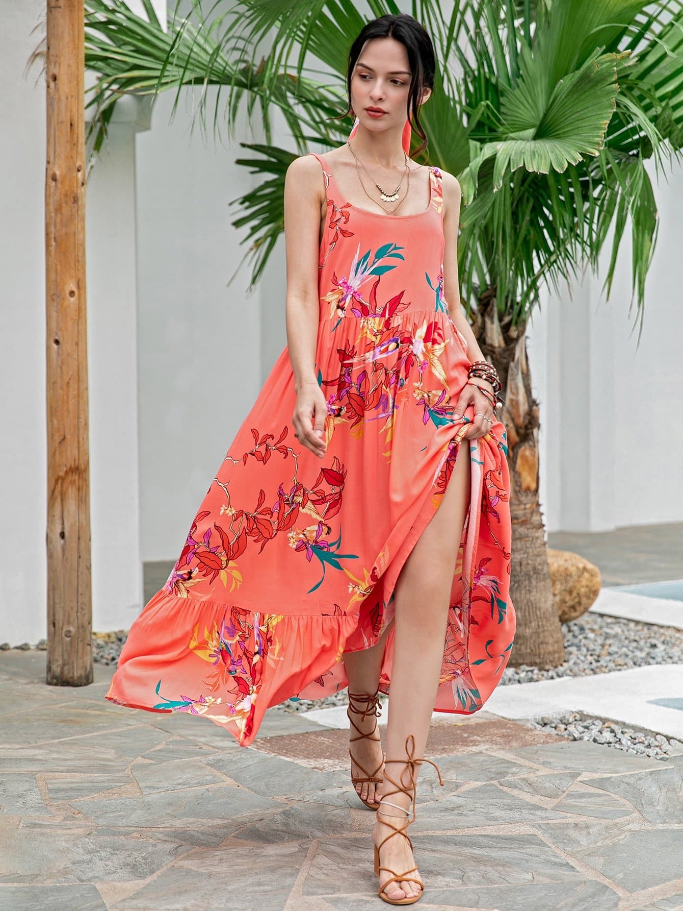Orange Sleeveless Floral Ruffle Hem Scoop Neck Dress Without Headband