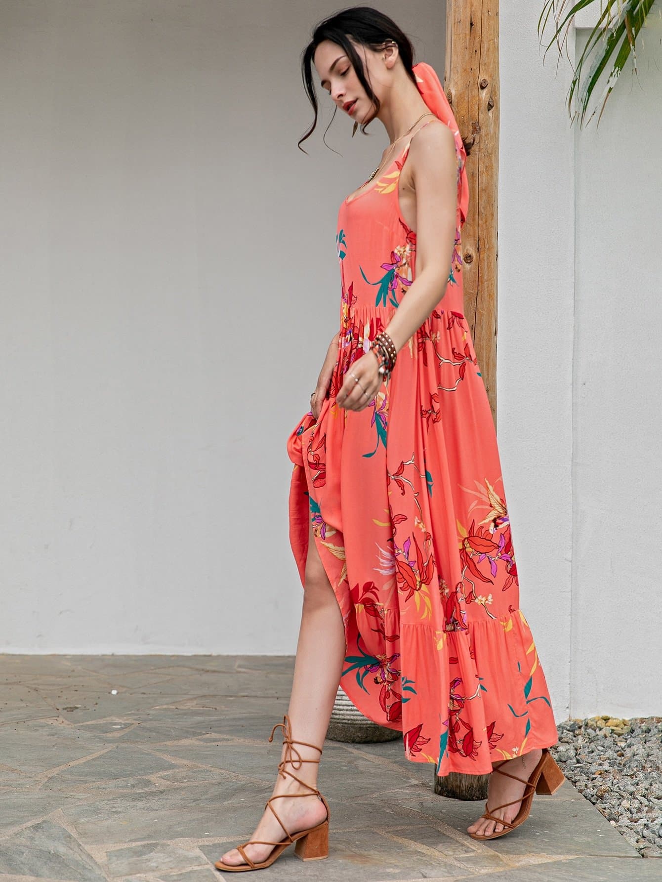 Orange Sleeveless Floral Ruffle Hem Scoop Neck Dress Without Headband